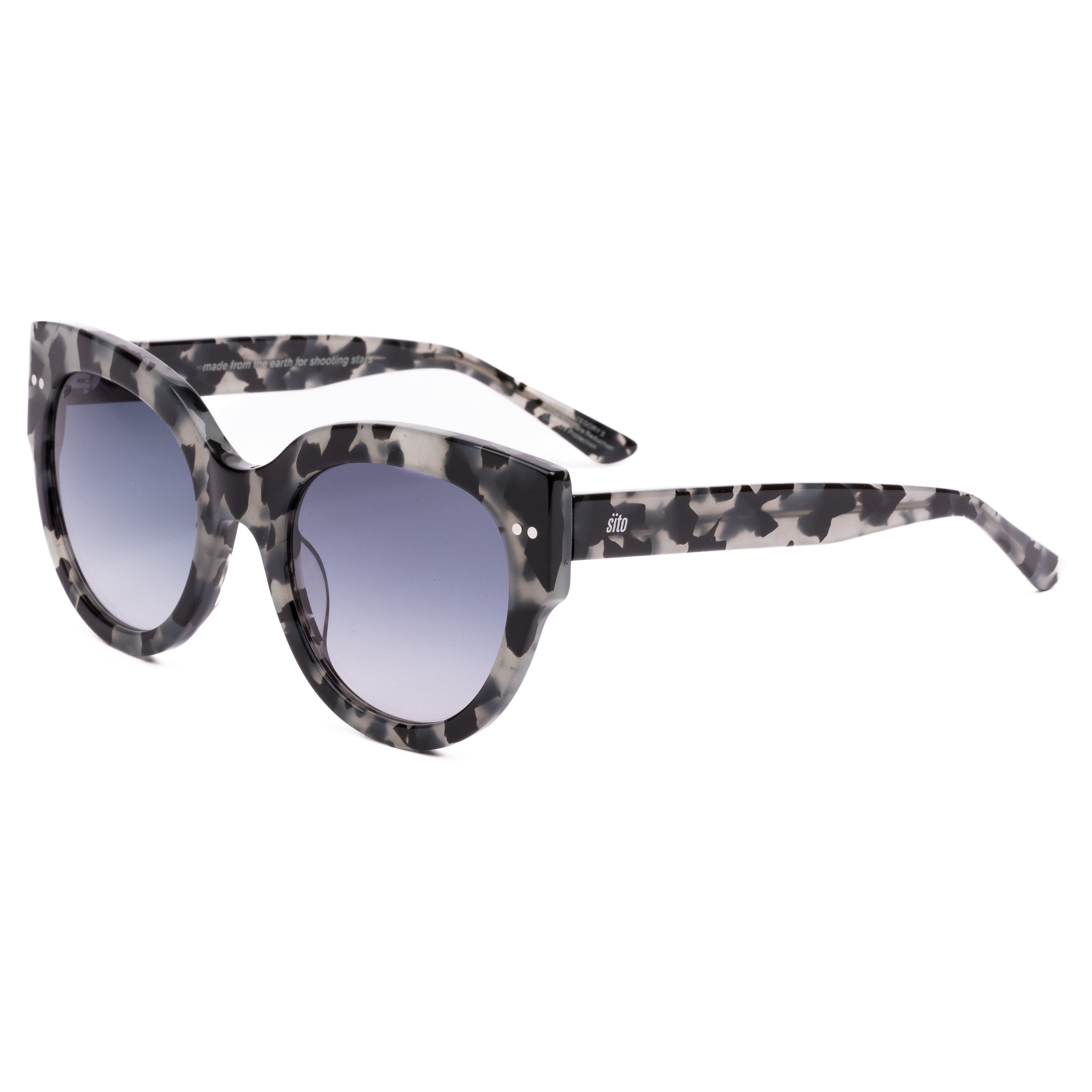 Sunglasses with tortoiseshell frame and gray lenses on a white background