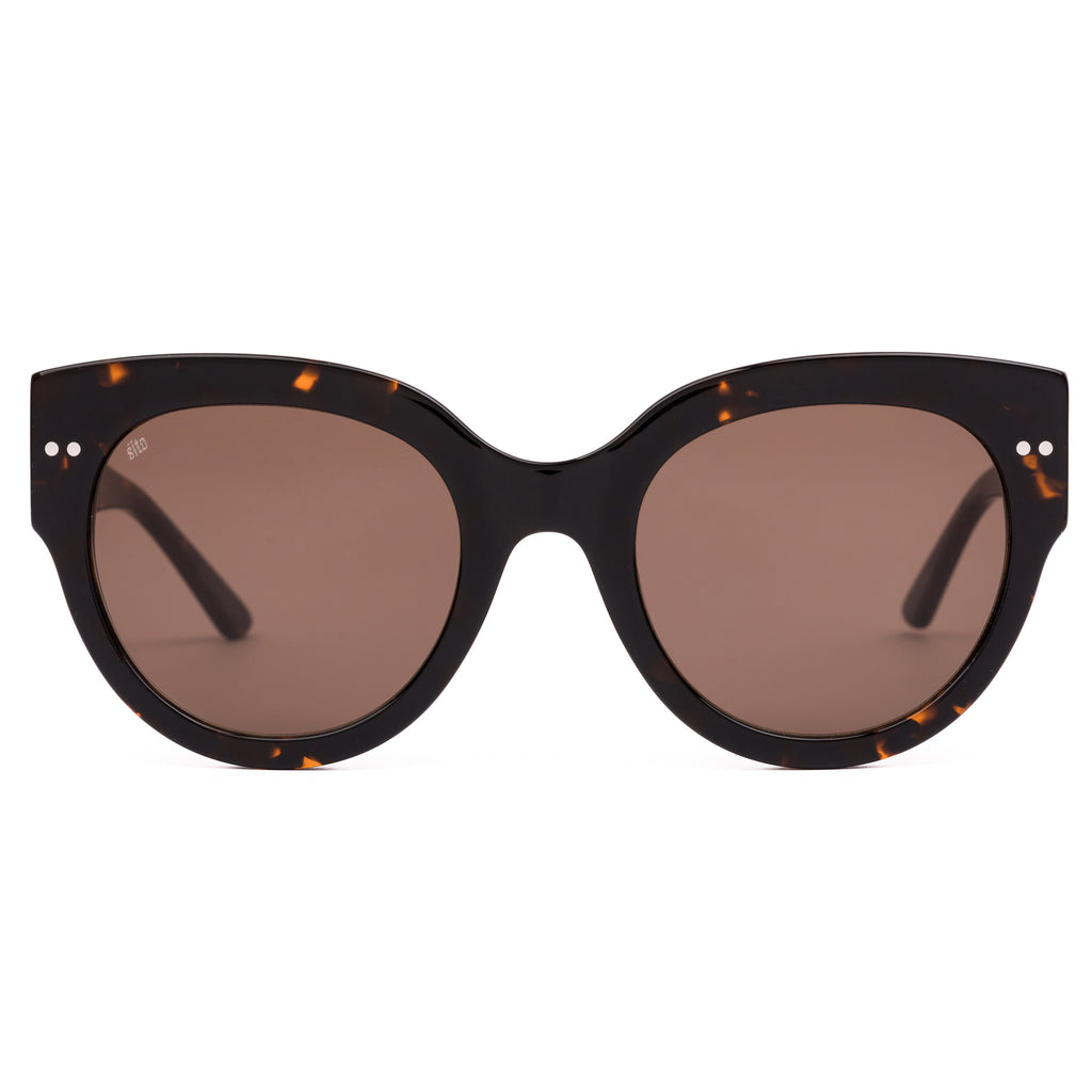 Sunglasses with tortoiseshell frame and brown lenses on a white background