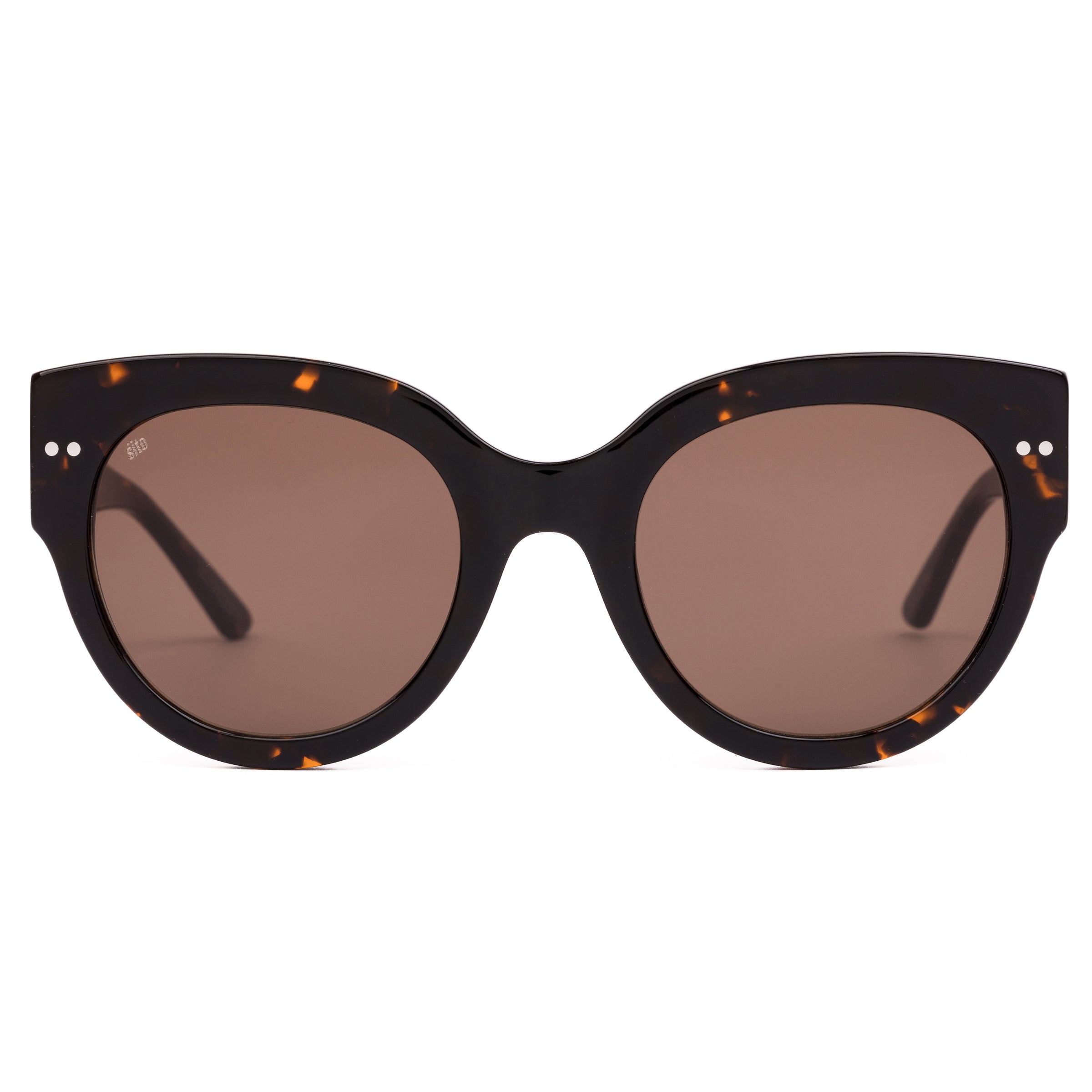 Sunglasses with tortoiseshell frame and brown lenses on a white background