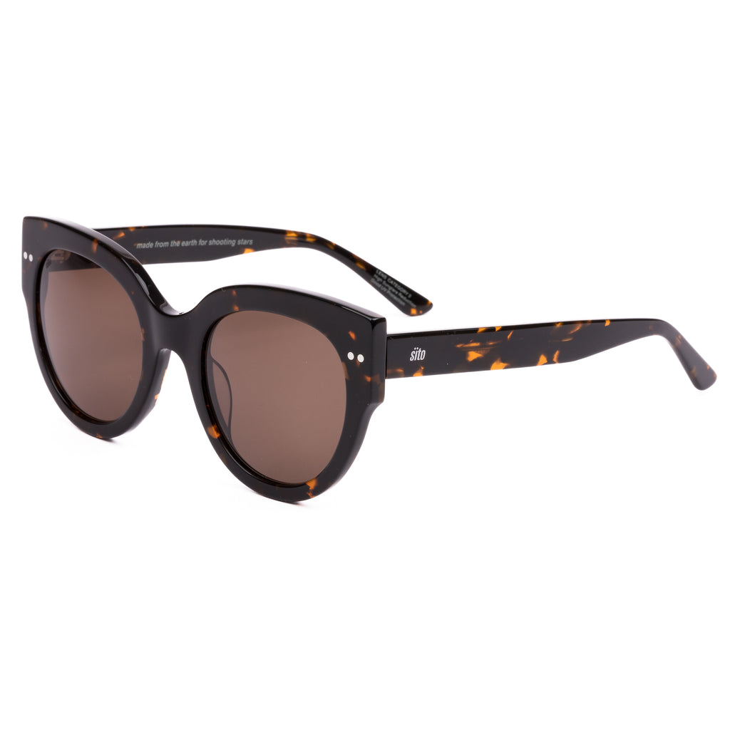 Sunglasses with tortoiseshell frame and brown lenses on a white background