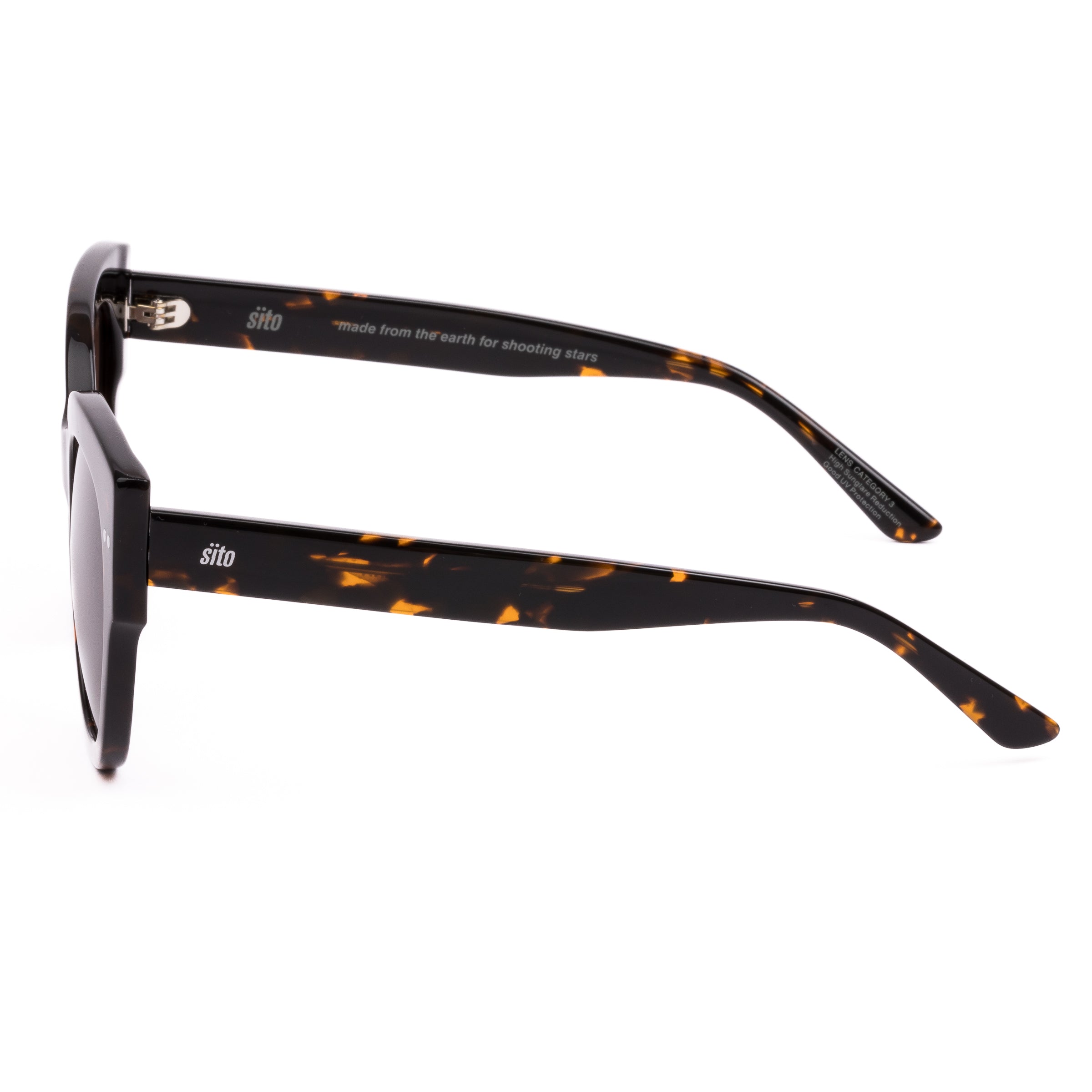 Sunglasses with tortoiseshell frame and brown lenses on a white background