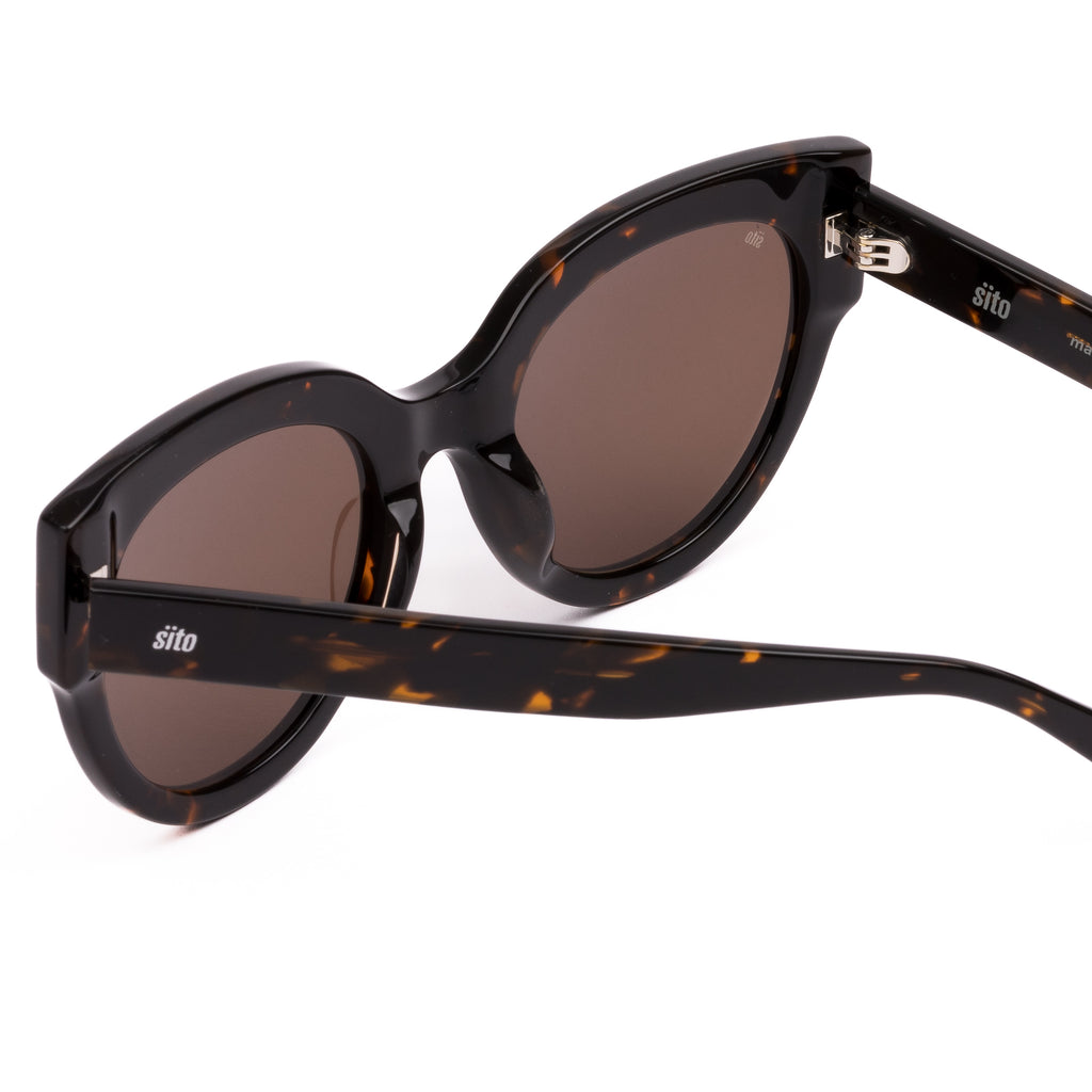 Sunglasses with tortoiseshell frame and brown lenses on a white background