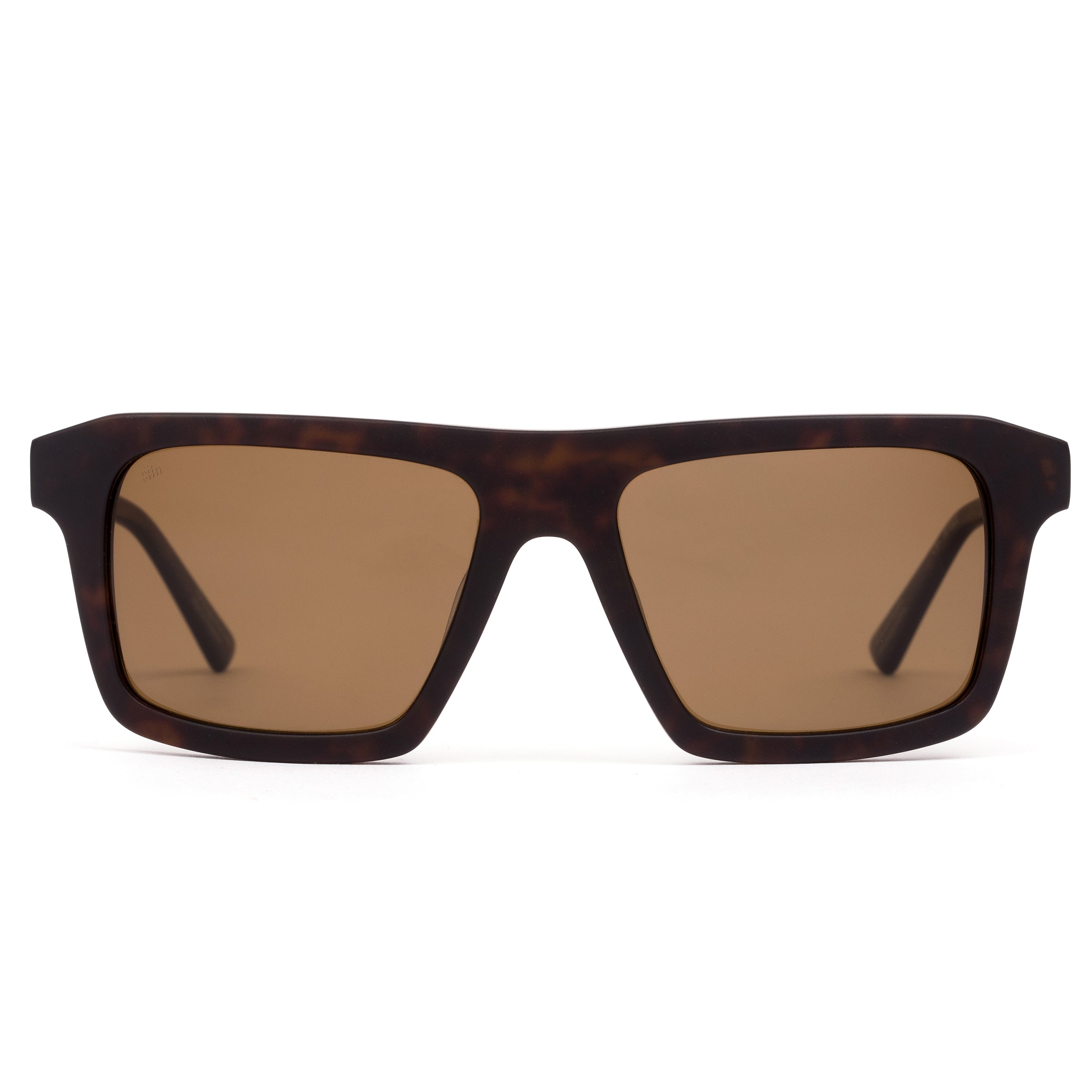 Sunglasses with tortoiseshell frame and brown lenses on a white background