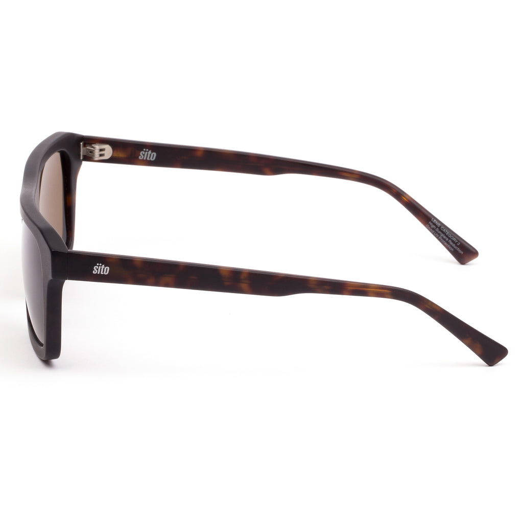 Sunglasses with tortoiseshell frame and brown lenses on a white background