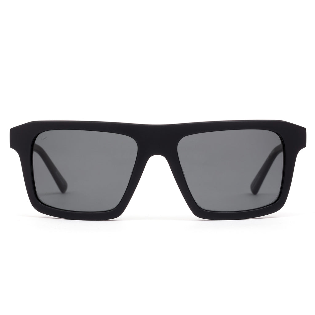 Black sunglasses with dark lenses on a white background