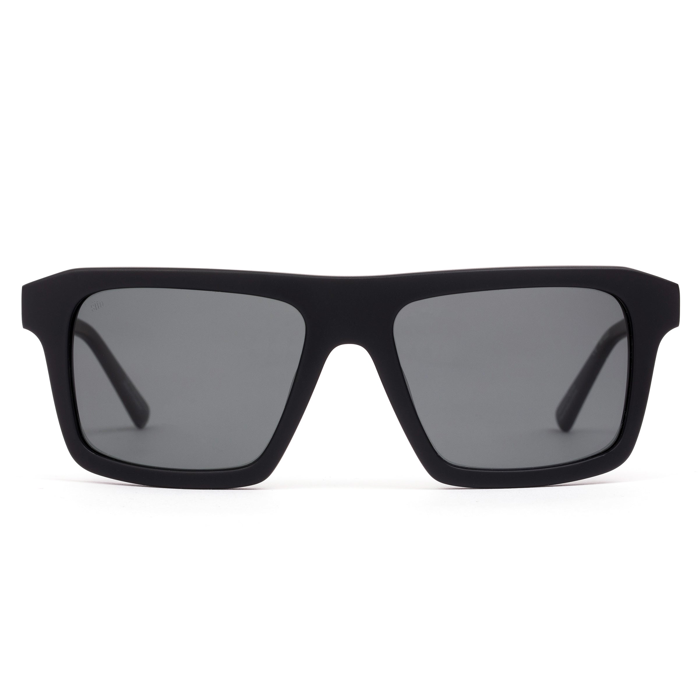 Black sunglasses with dark lenses on a white background
