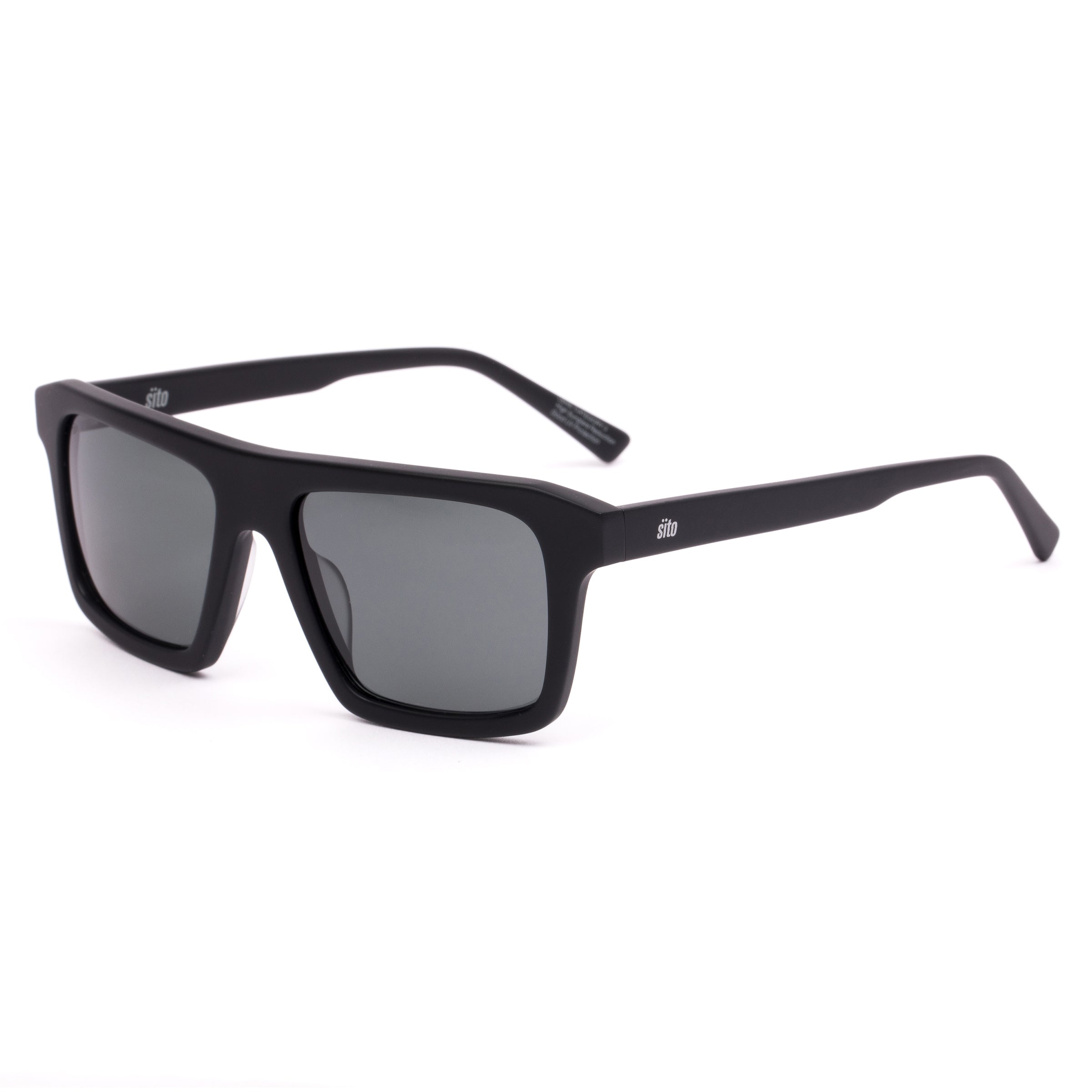 Black sunglasses with dark lenses on a white background