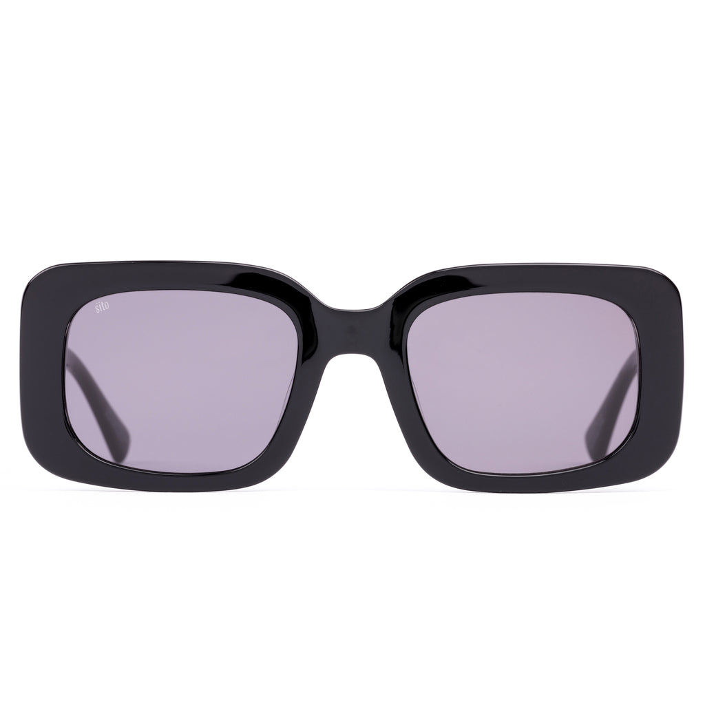 Black sunglasses with gray lenses on a white background