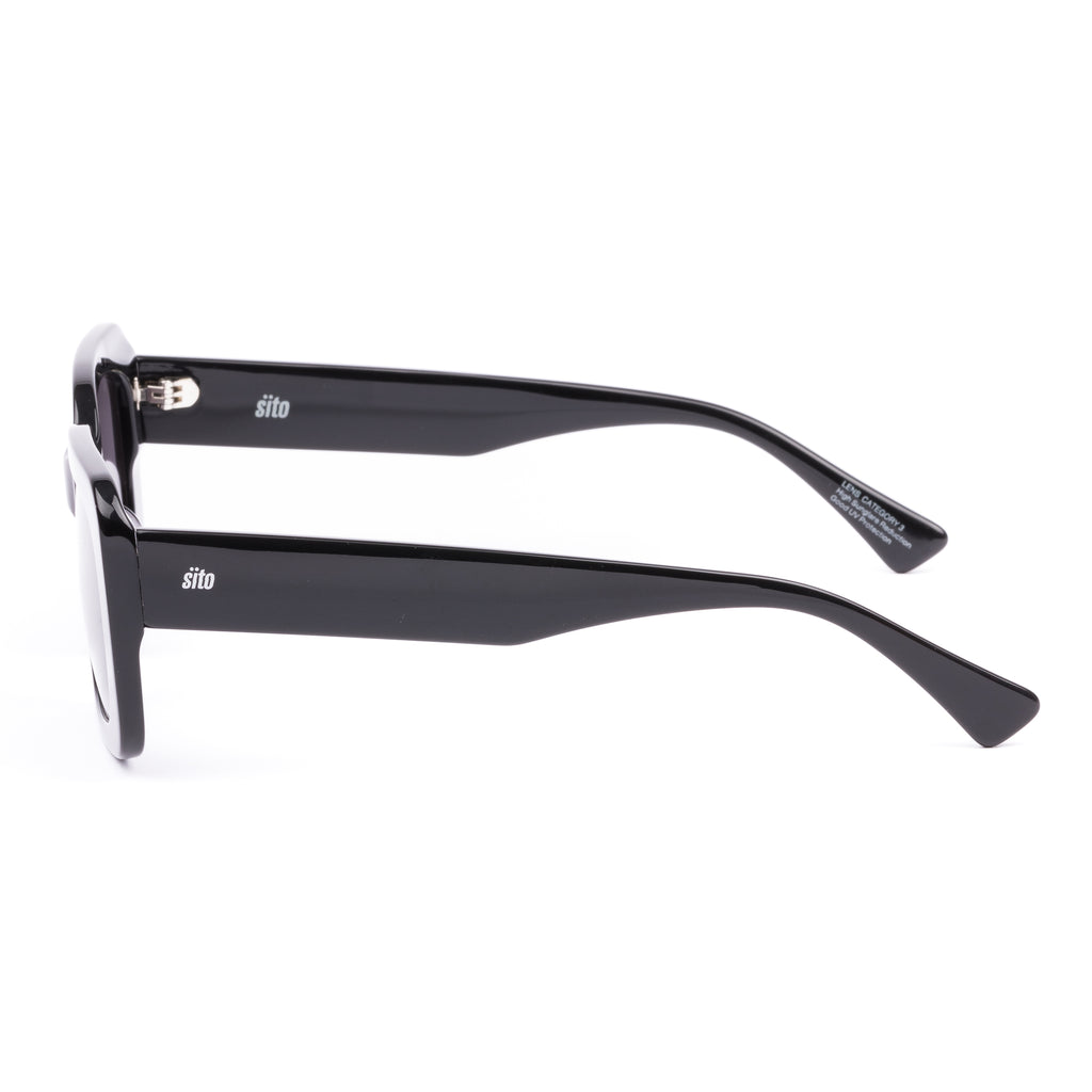 Black sunglasses with gray lenses on a white background