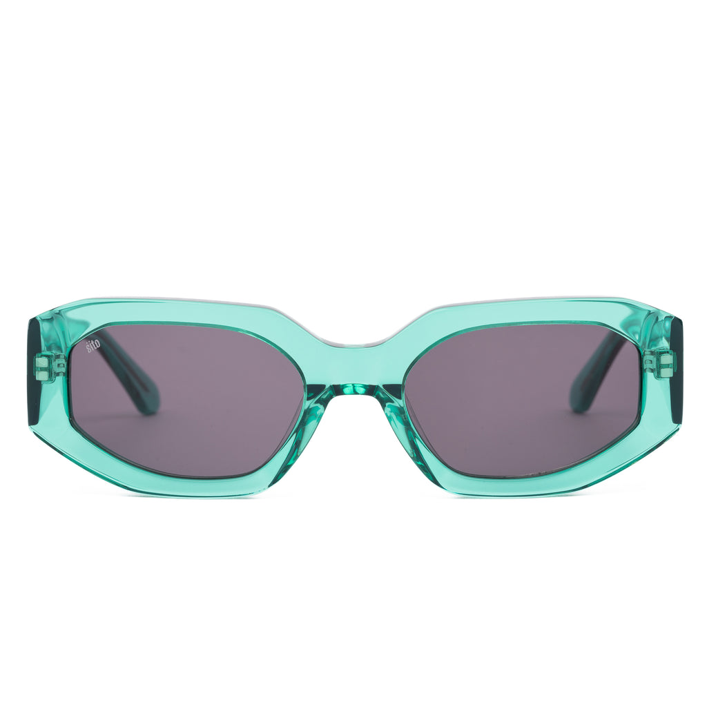 Teal sunglasses with dark lenses on a white background