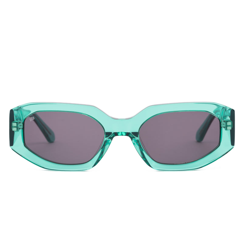 Teal sunglasses with dark lenses on a white background