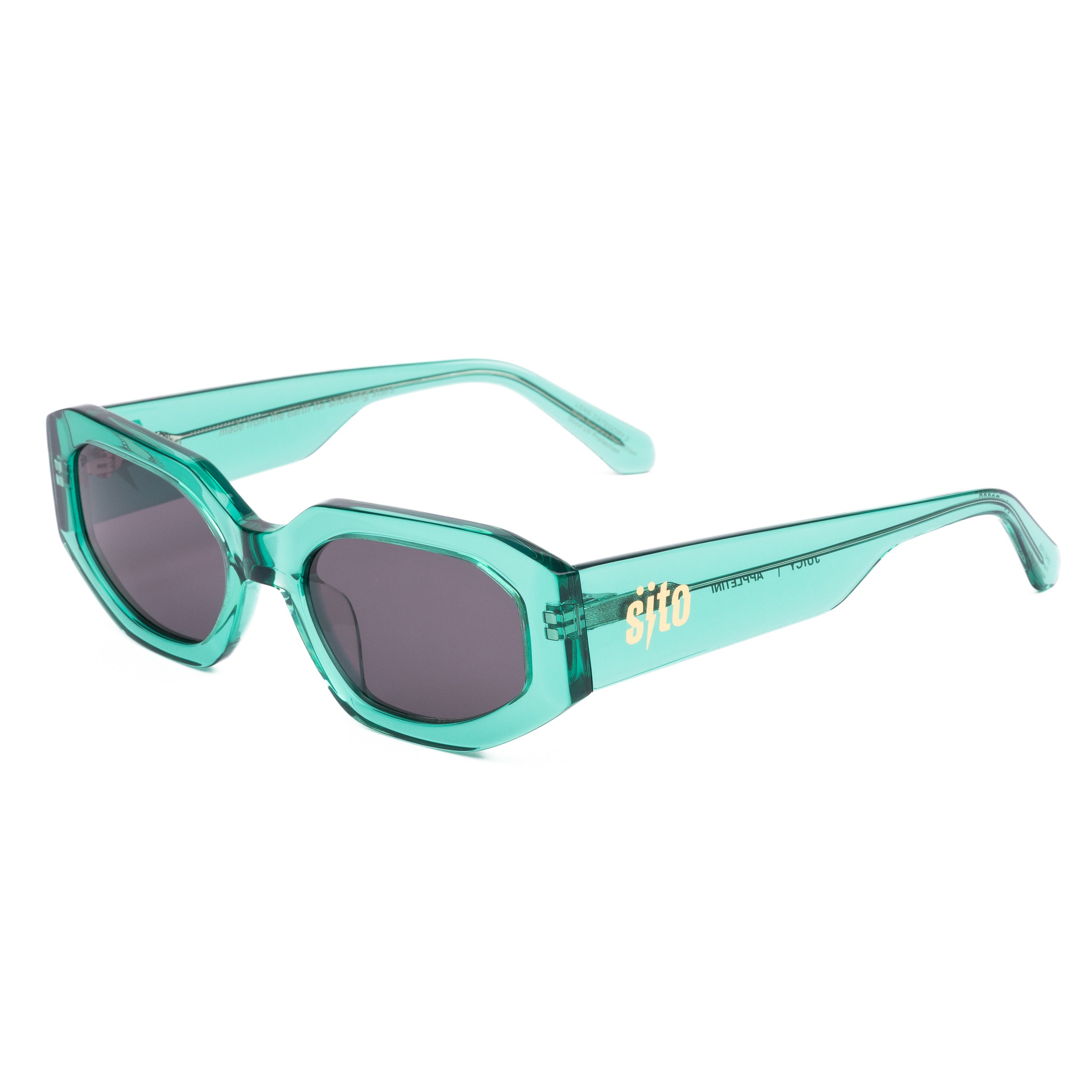Teal sunglasses with dark lenses on a white background