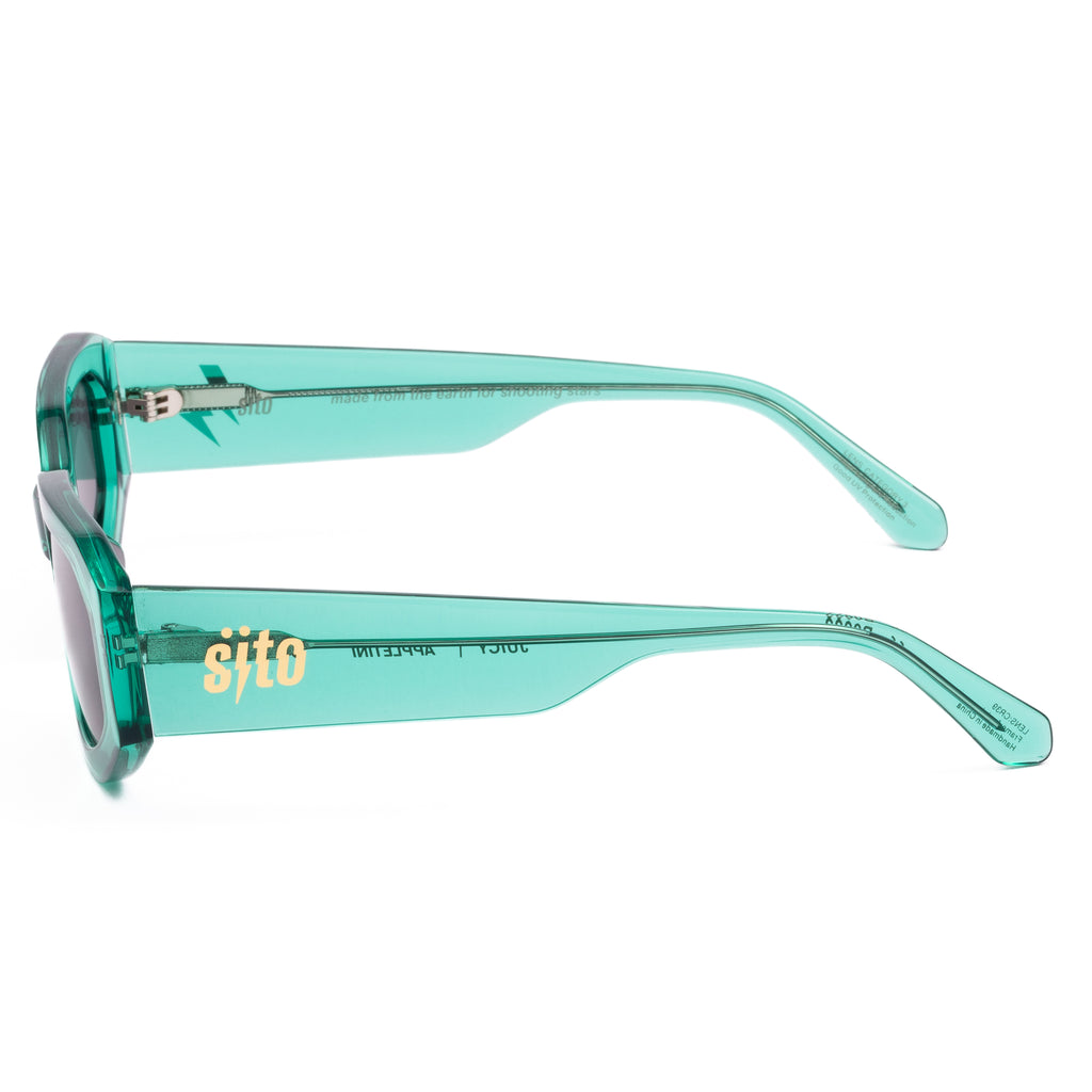 Teal sunglasses with dark lenses on a white background