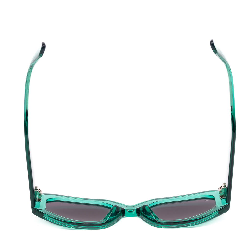 Teal sunglasses with dark lenses on a white background