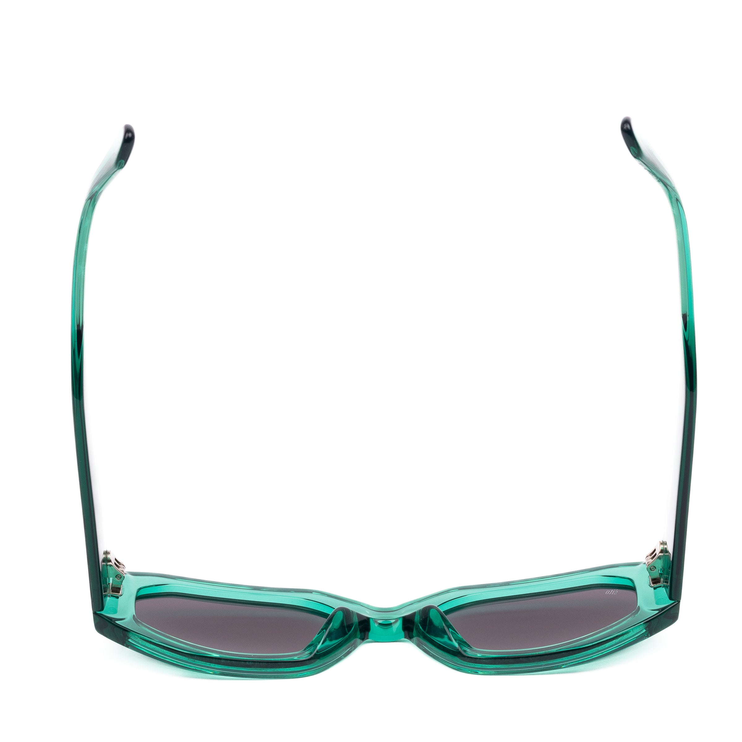 Teal sunglasses with dark lenses on a white background
