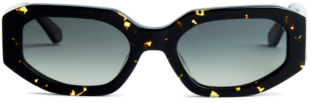 Sunglasses with a black frame and gold accents on a white background