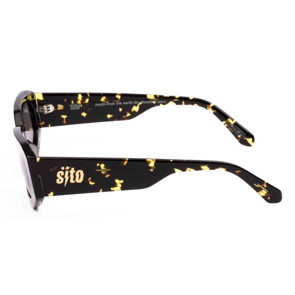 Black and gold tortoiseshell sunglasses with 'sito' branding on a white background