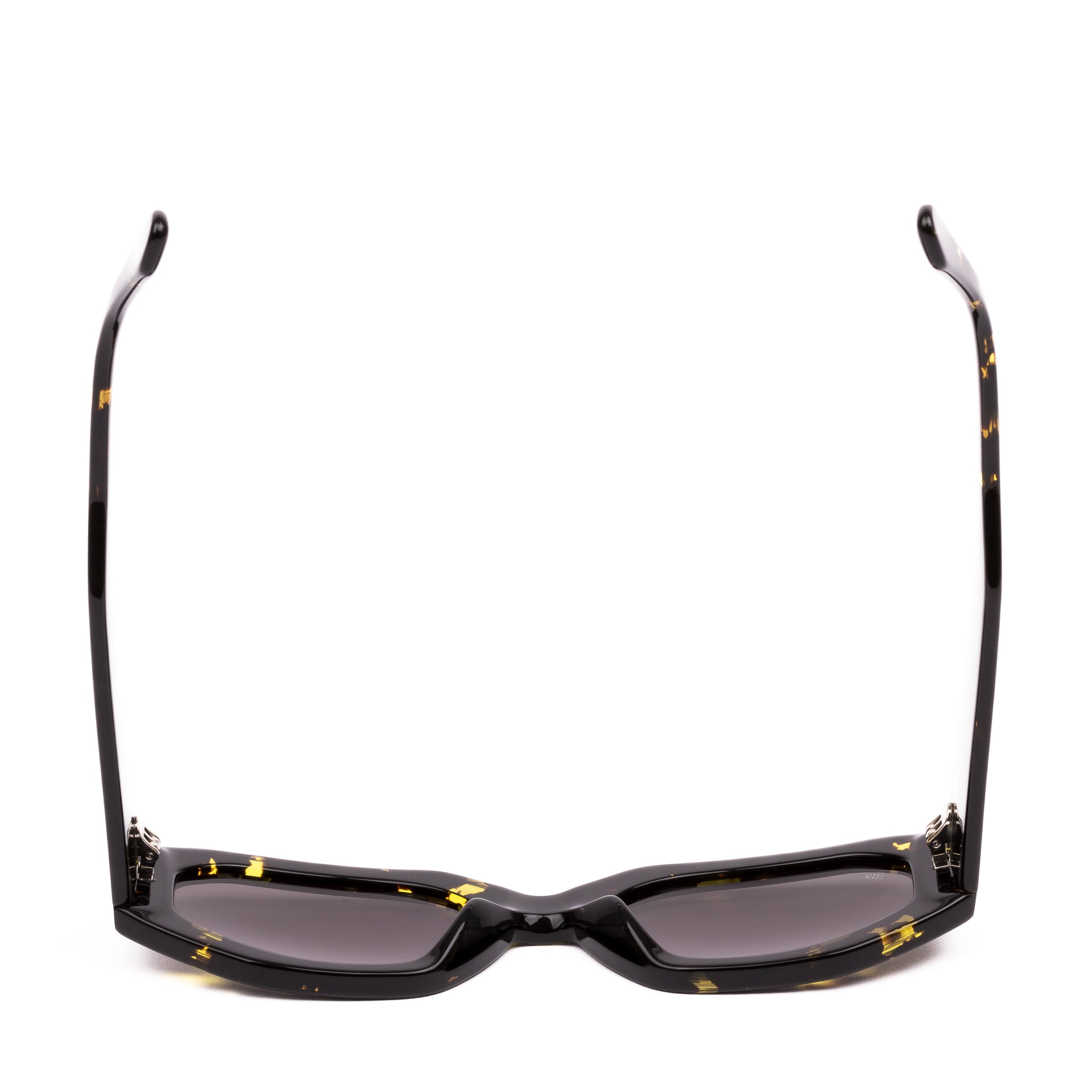 Sunglasses with black frame and yellow accents on a white background