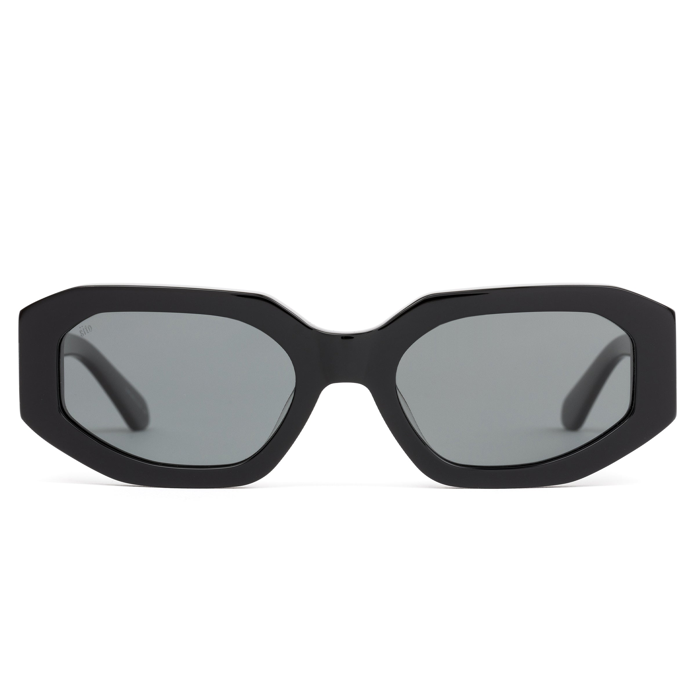 Black sunglasses with gray lenses on a white background