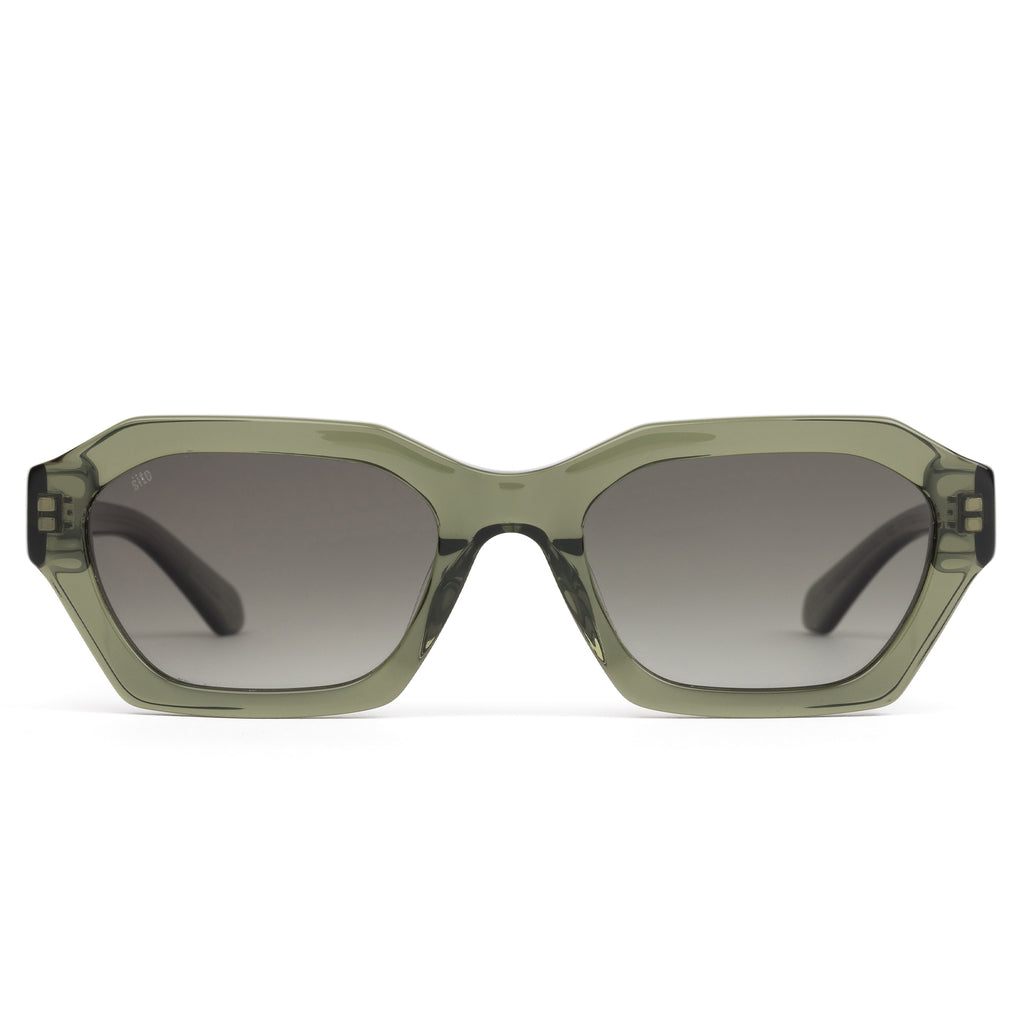 Green sunglasses with a gradient lens on a white background