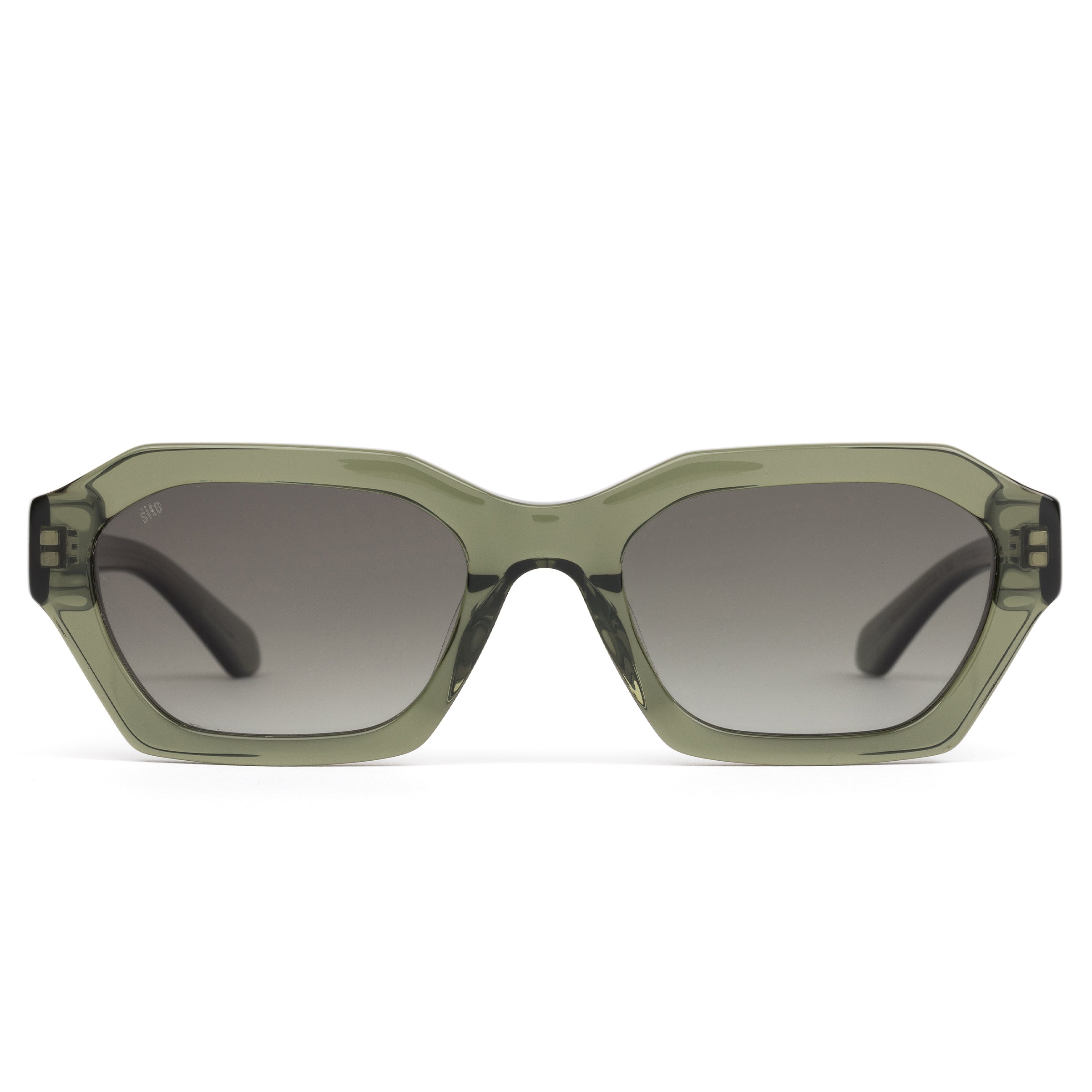 Green sunglasses with a gradient lens on a white background