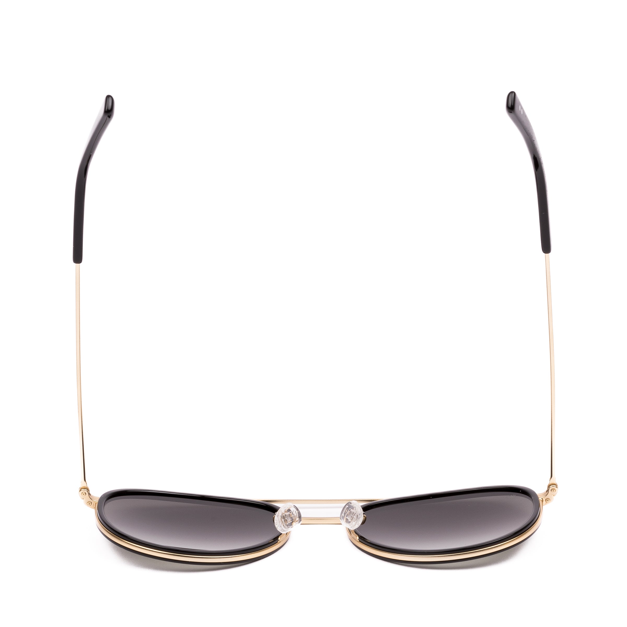 Sunglasses with gold frame and dark lenses on a white background