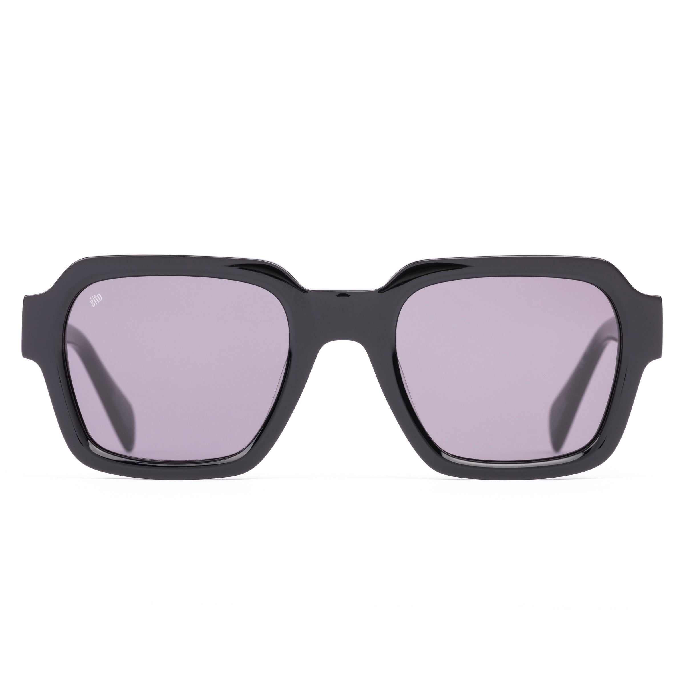 Black sunglasses with a glossy black finish and softly tinted lenses.