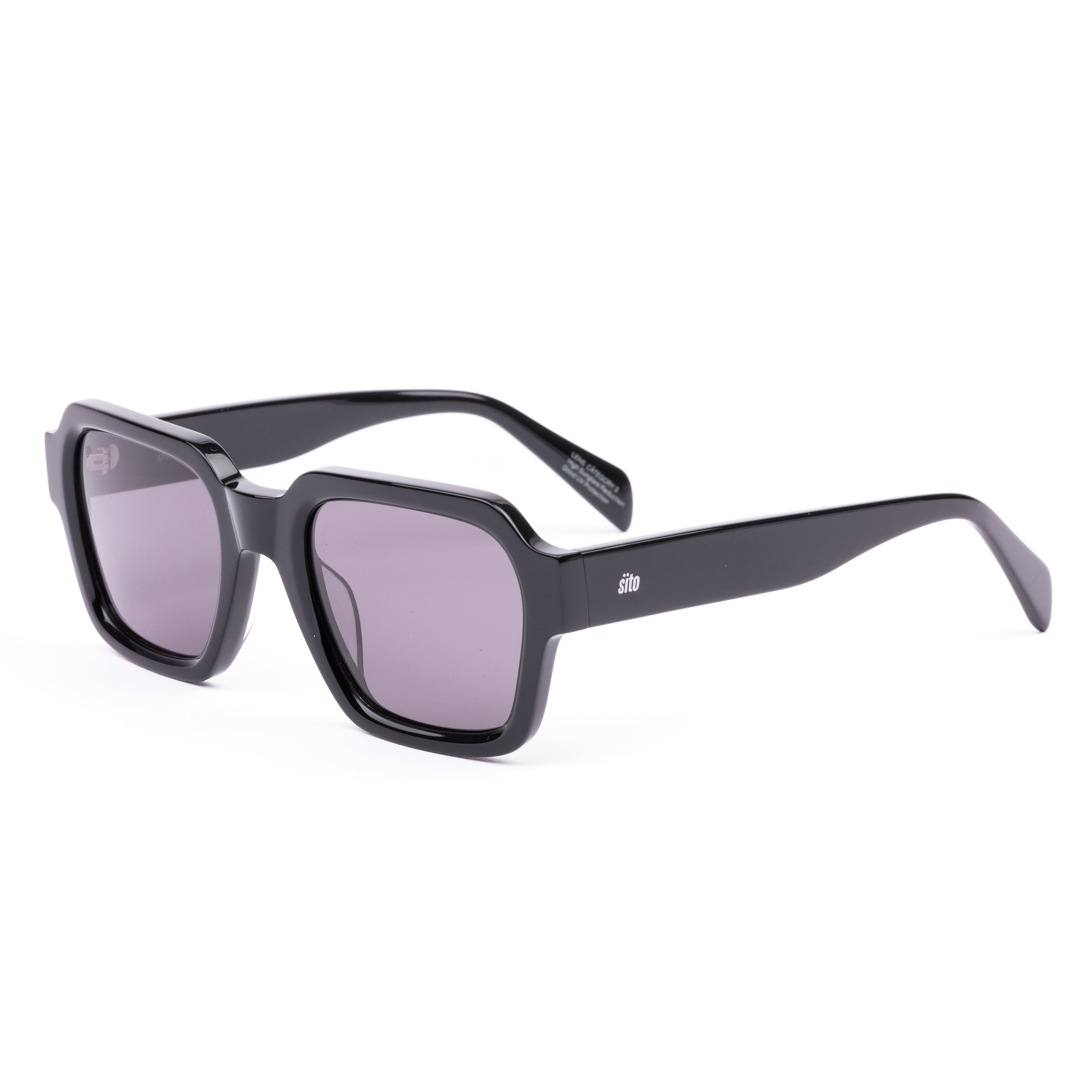 Black sunglasses with a glossy black finish and softly tinted lenses.