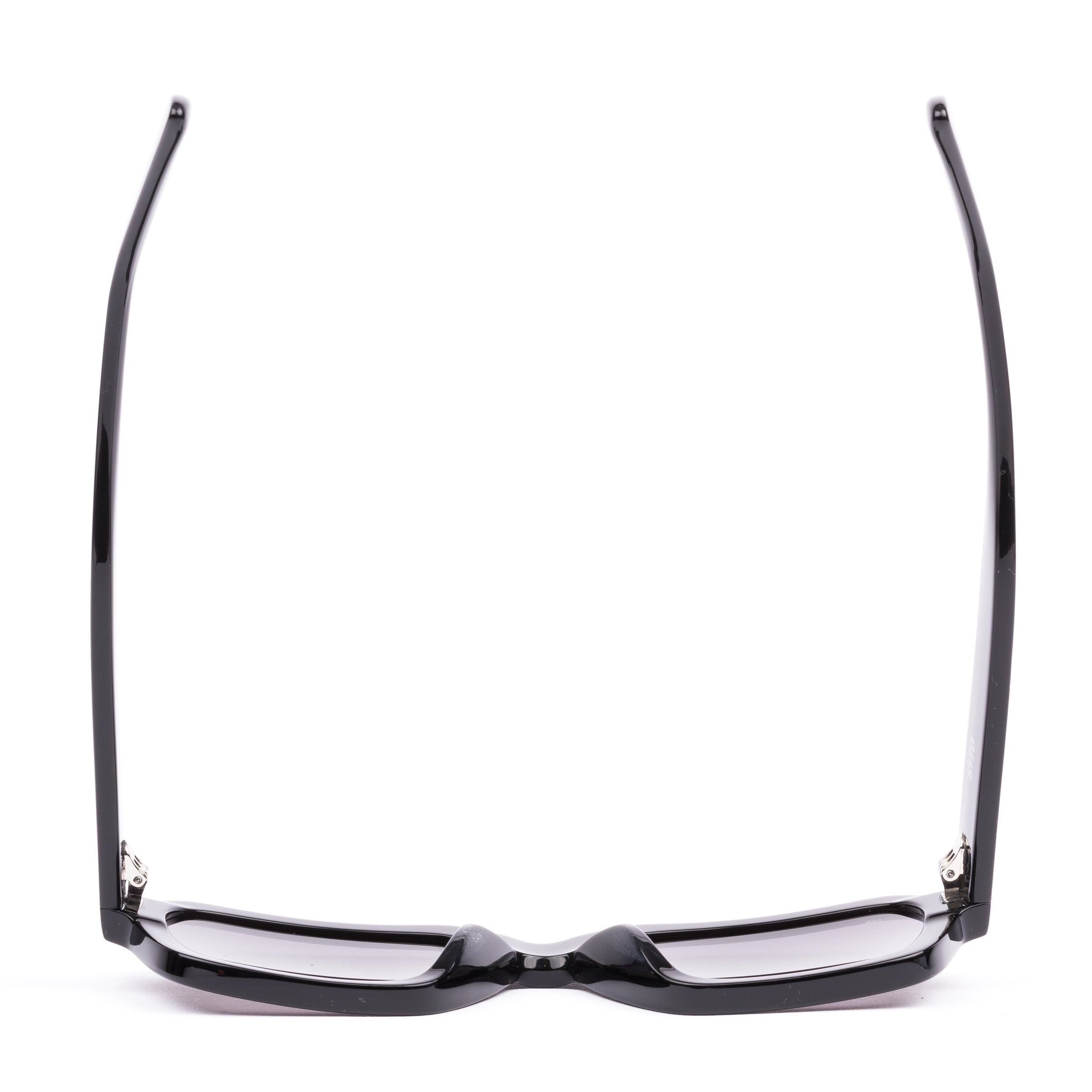 Black sunglasses with a glossy black finish and softly tinted lenses.