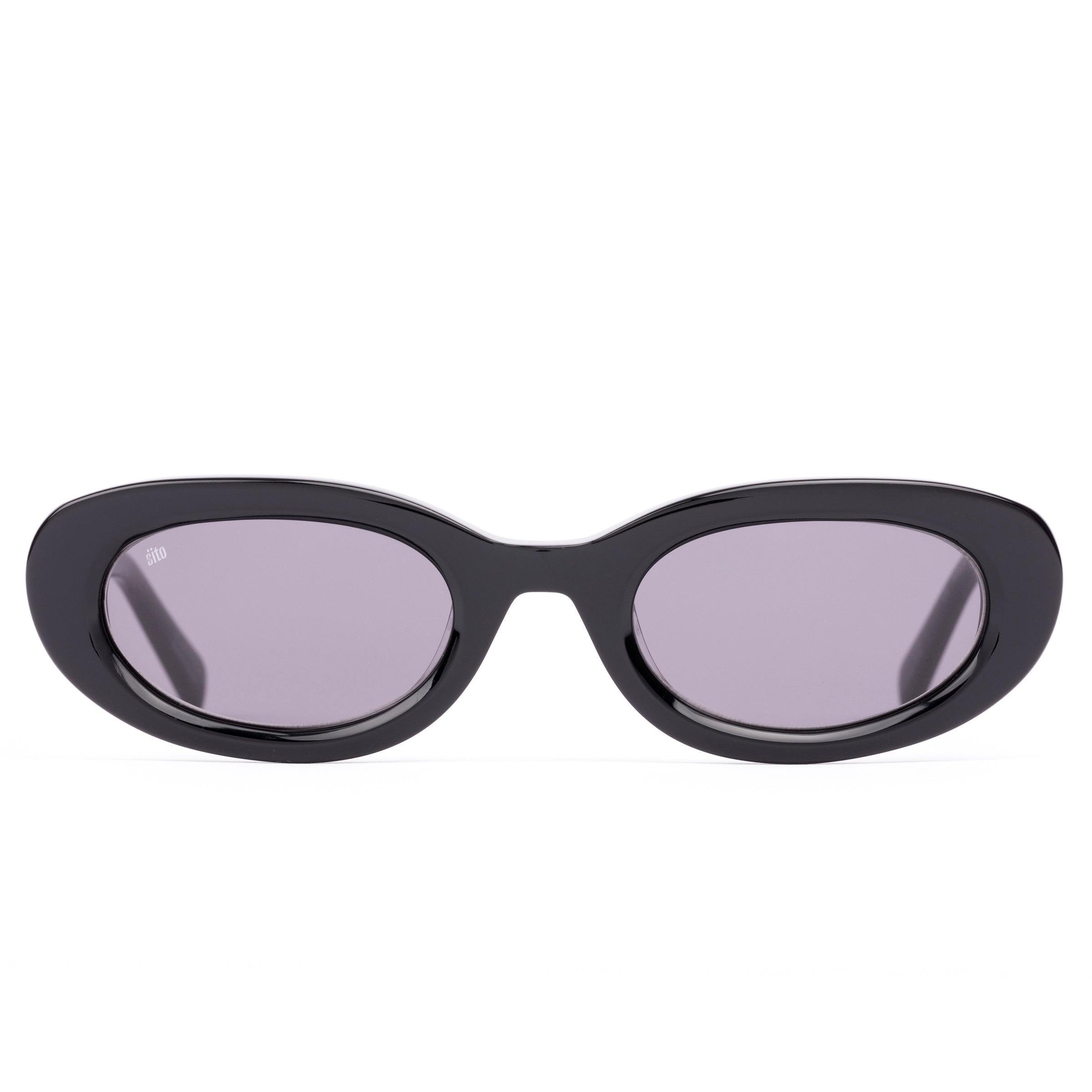 Black sunglasses with purple lenses on a white background