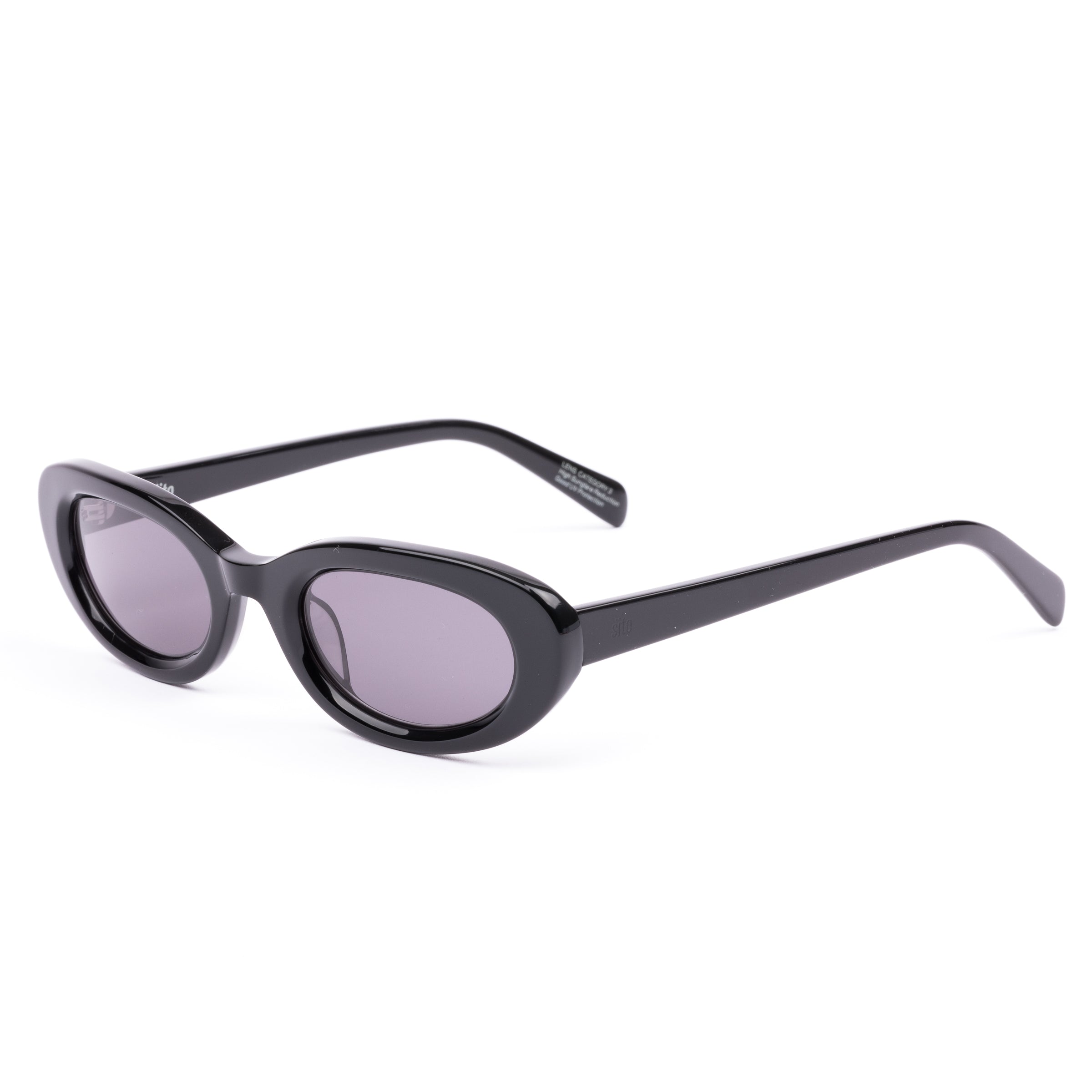 Black sunglasses with purple lenses on a white background