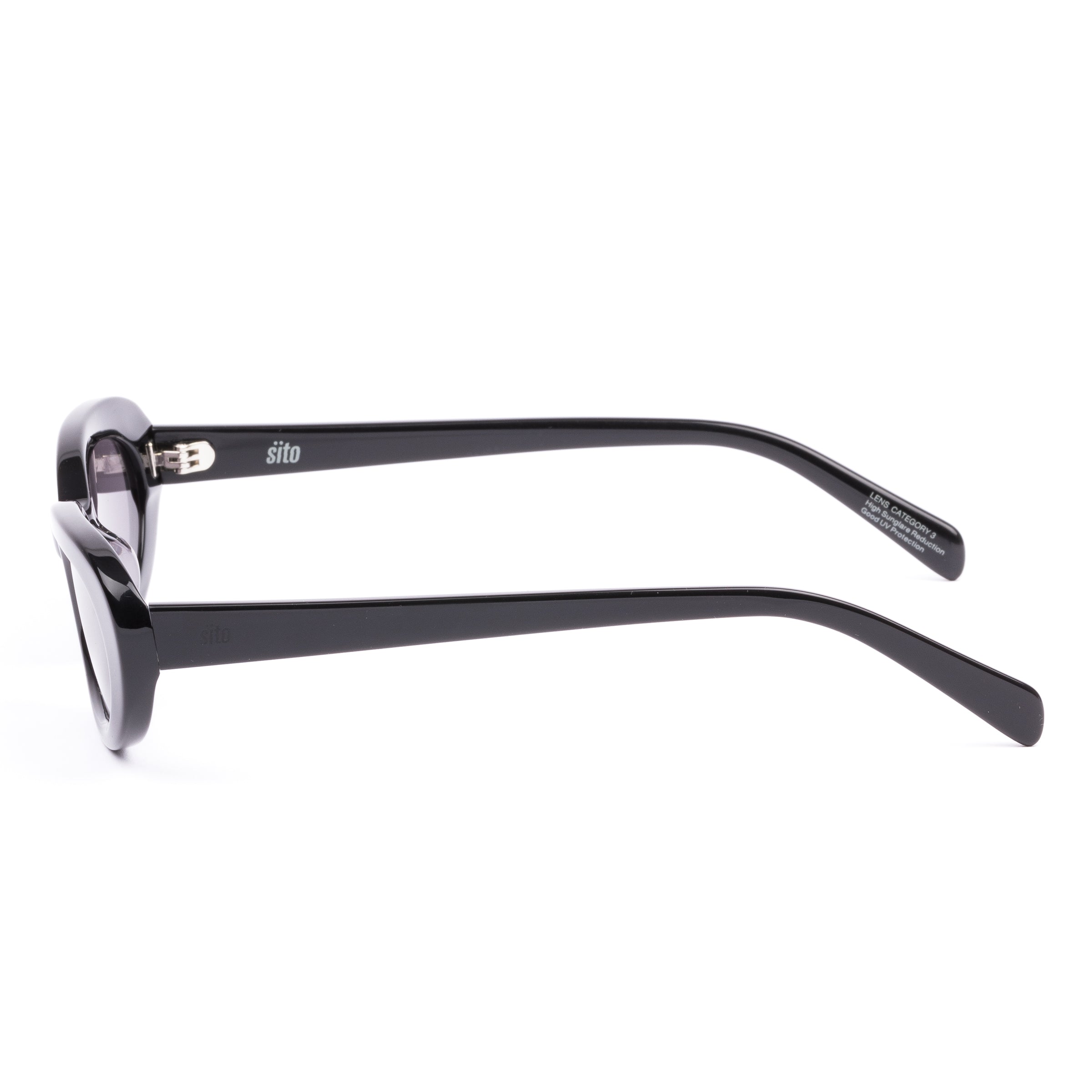 Black sunglasses with purple lenses on a white background