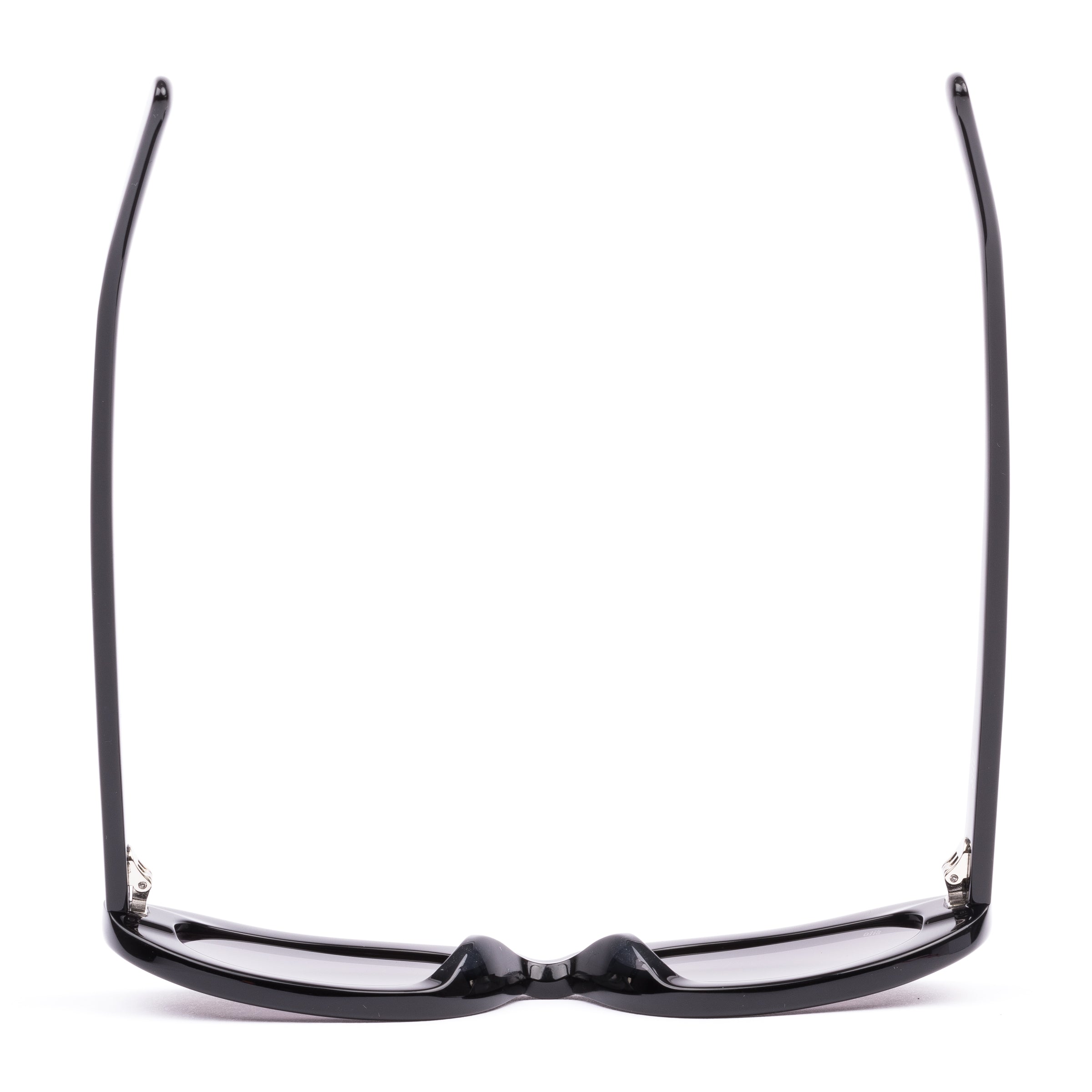 Black sunglasses with purple lenses on a white background