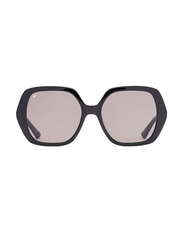 Black sunglasses with reflective lenses on a white background