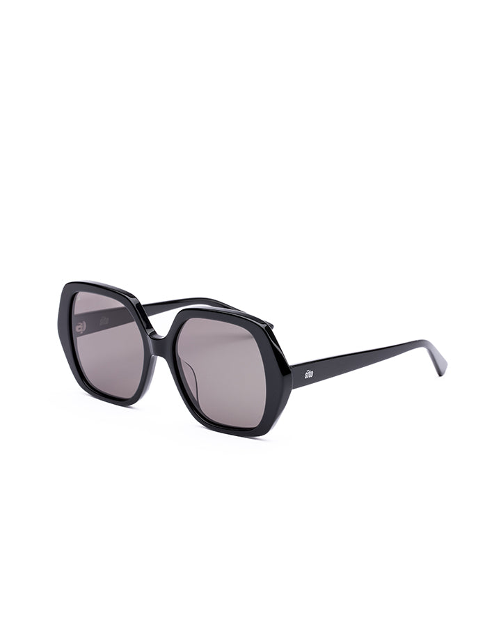 Black sunglasses with reflective lenses on a white background