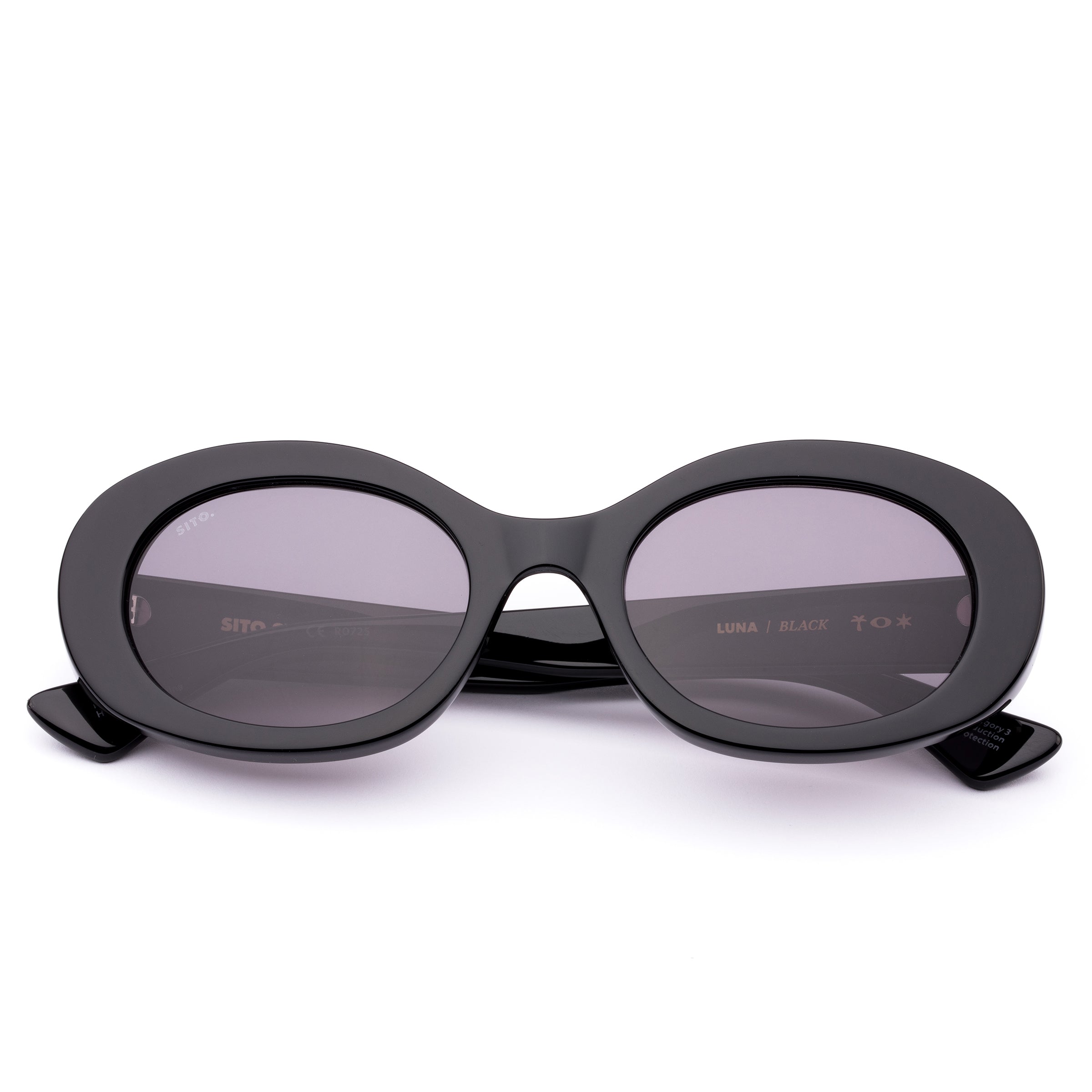 Black oval sunglasses on a white background