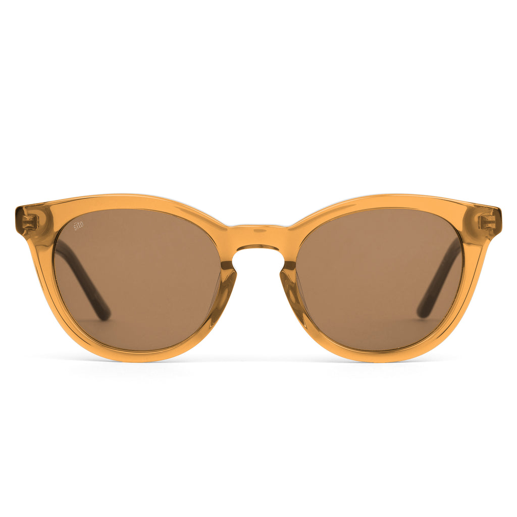 Orange sunglasses with brown lenses on a white background