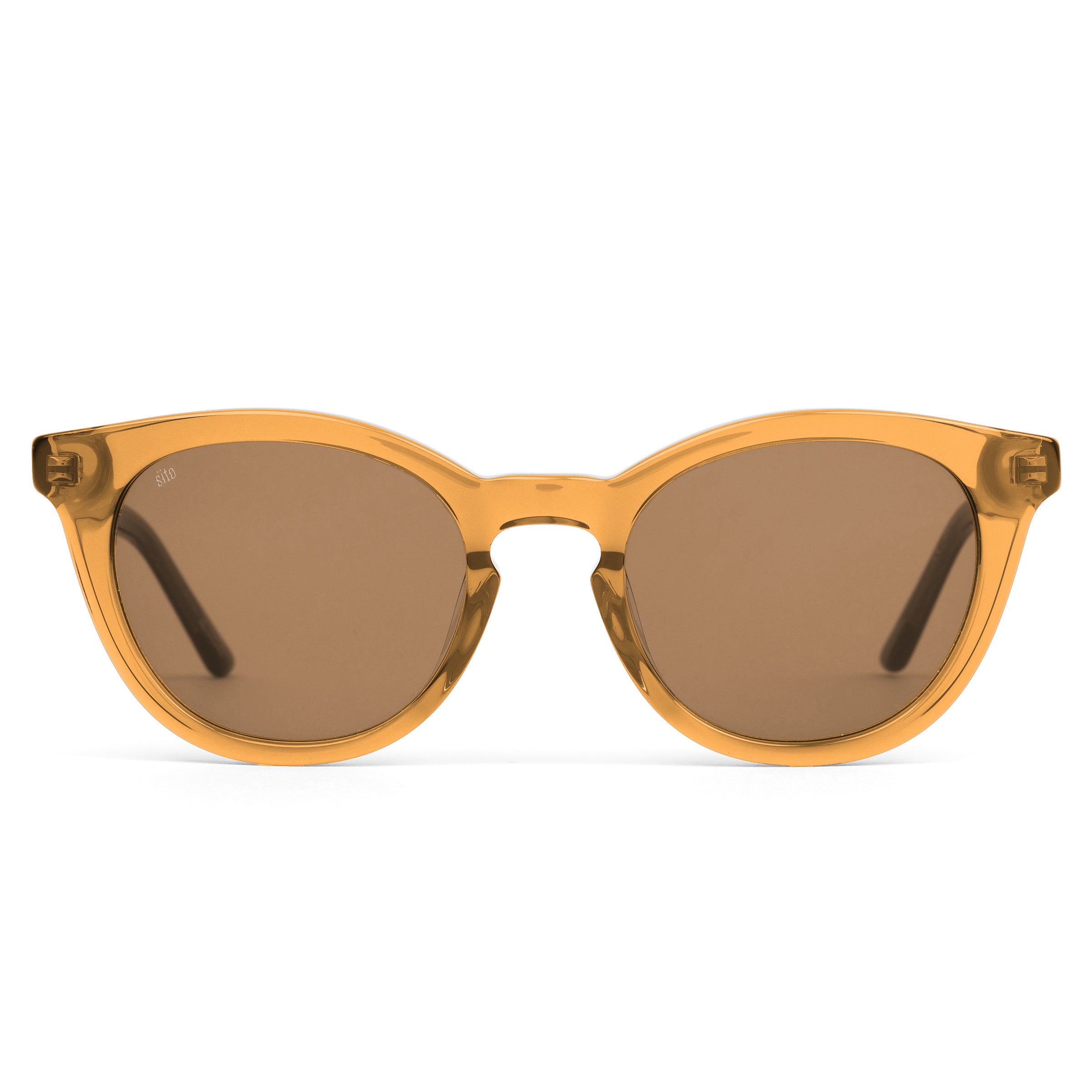 Orange sunglasses with brown lenses on a white background