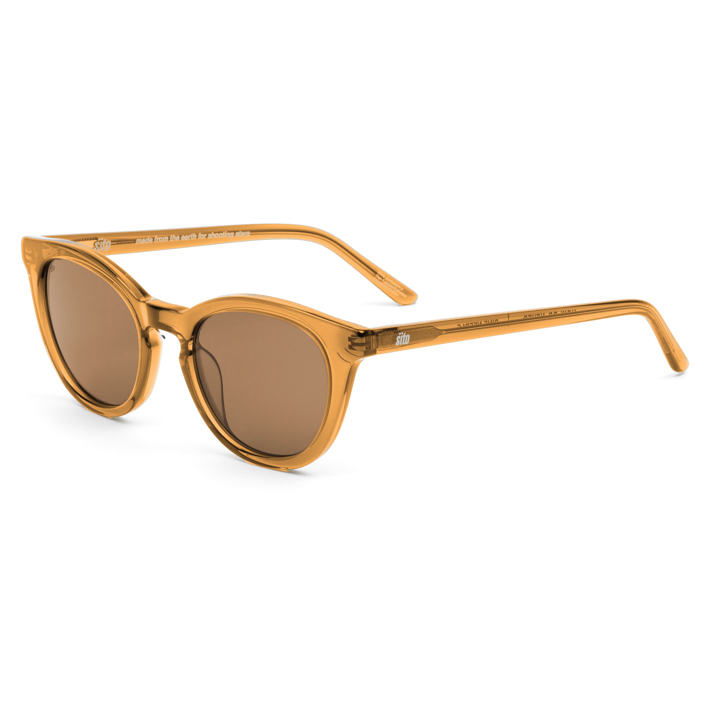 Orange sunglasses with brown lenses on a white background