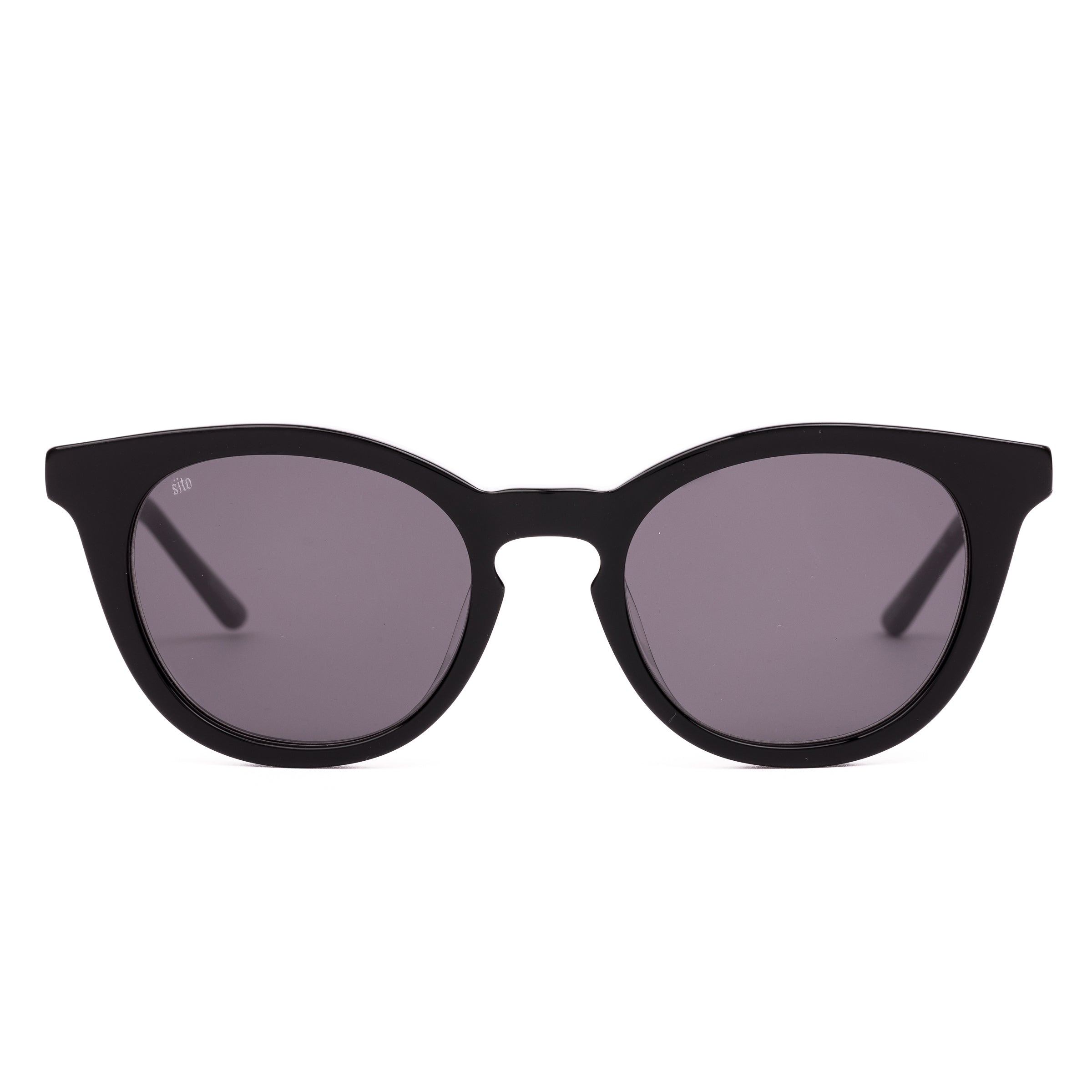 Black sunglasses with dark lenses on a white background