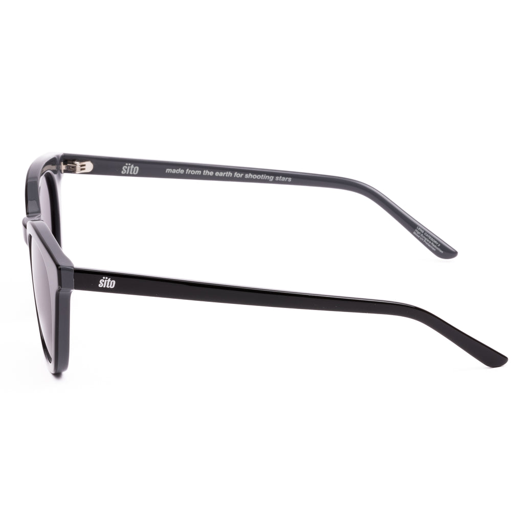 Black sunglasses with 'sito' branding on a white background