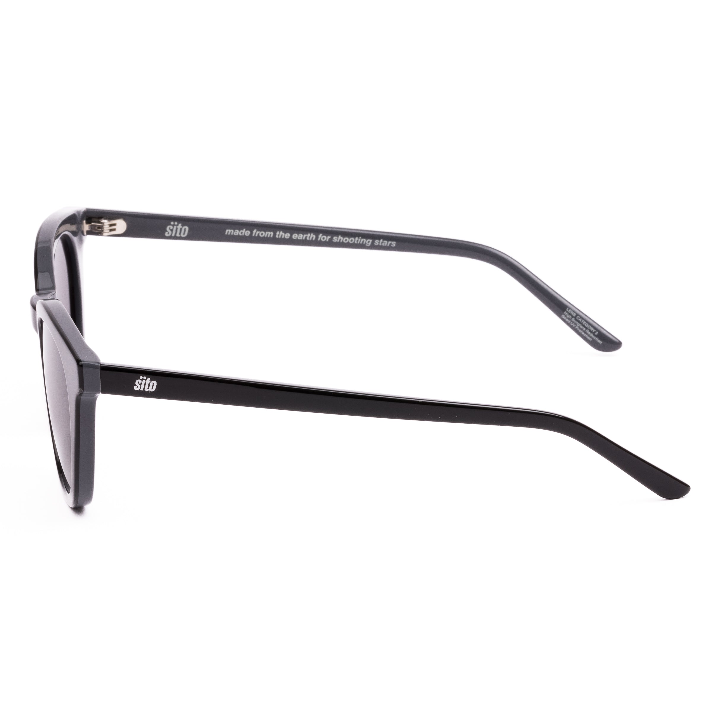 Black sunglasses with 'sito' branding on a white background
