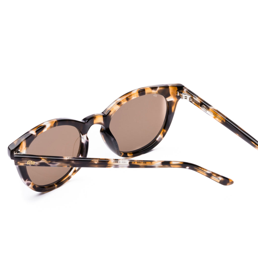 Sunglasses with tortoiseshell frame and brown lenses on a white background