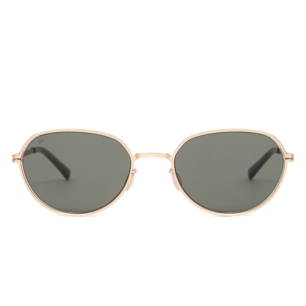 Gold-framed sunglasses with dark lenses on a white background