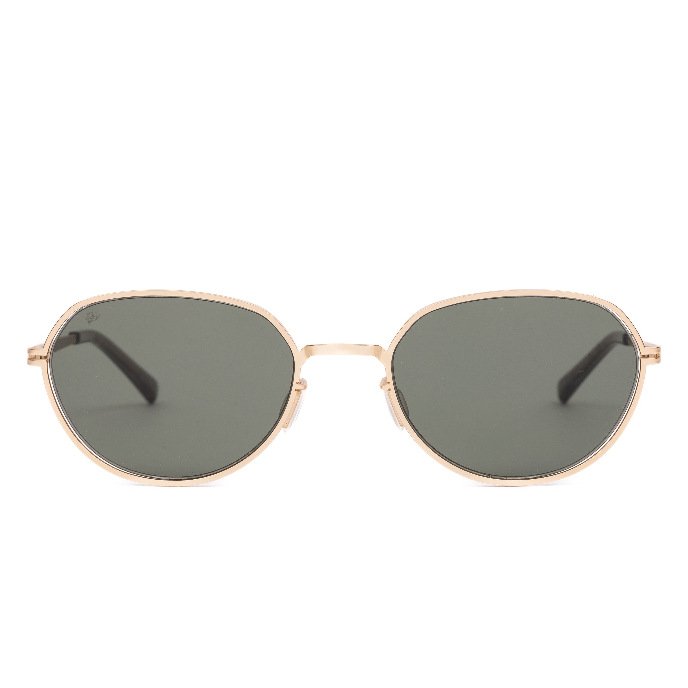 Gold-framed sunglasses with dark lenses on a white background