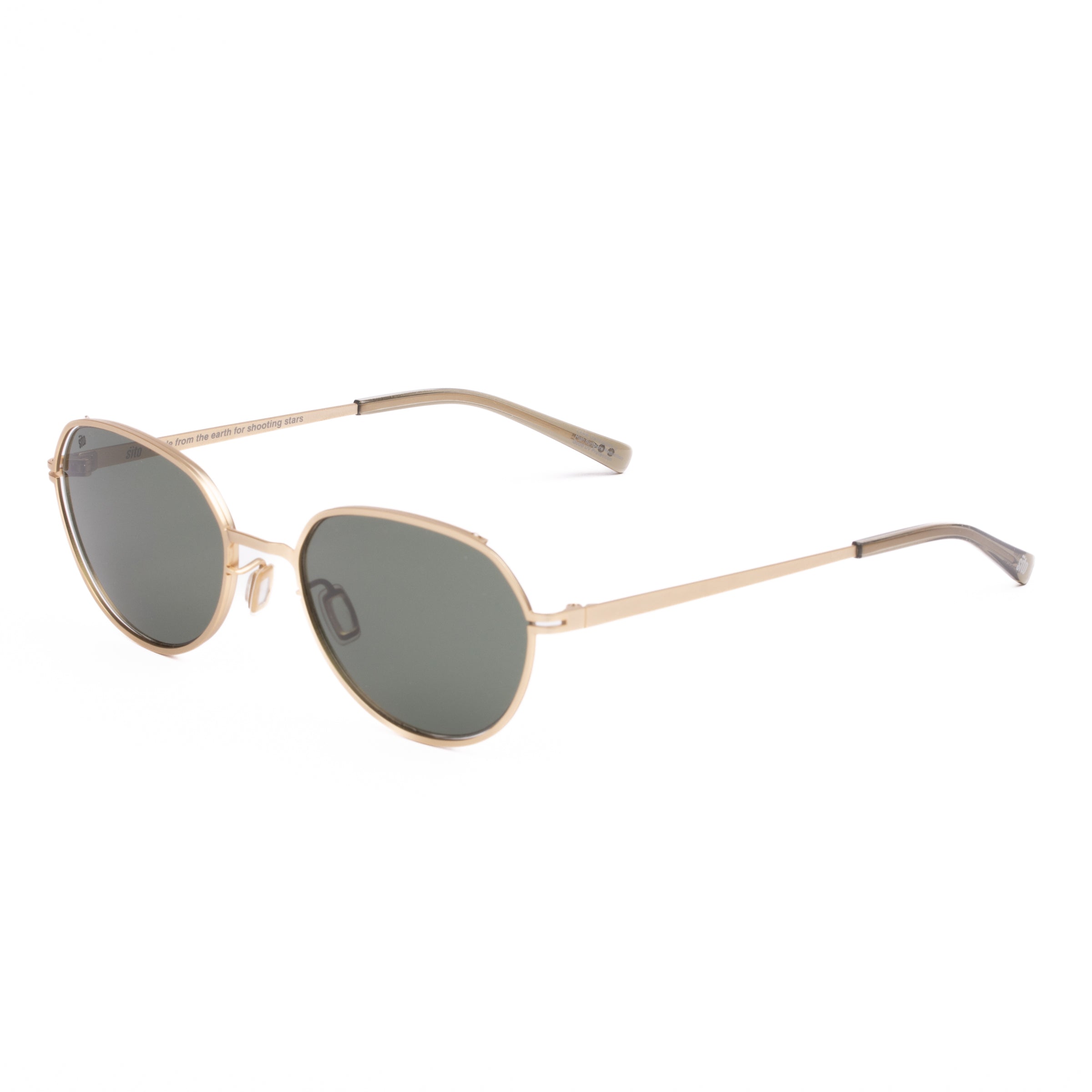 Gold-framed sunglasses with dark lenses on a white background