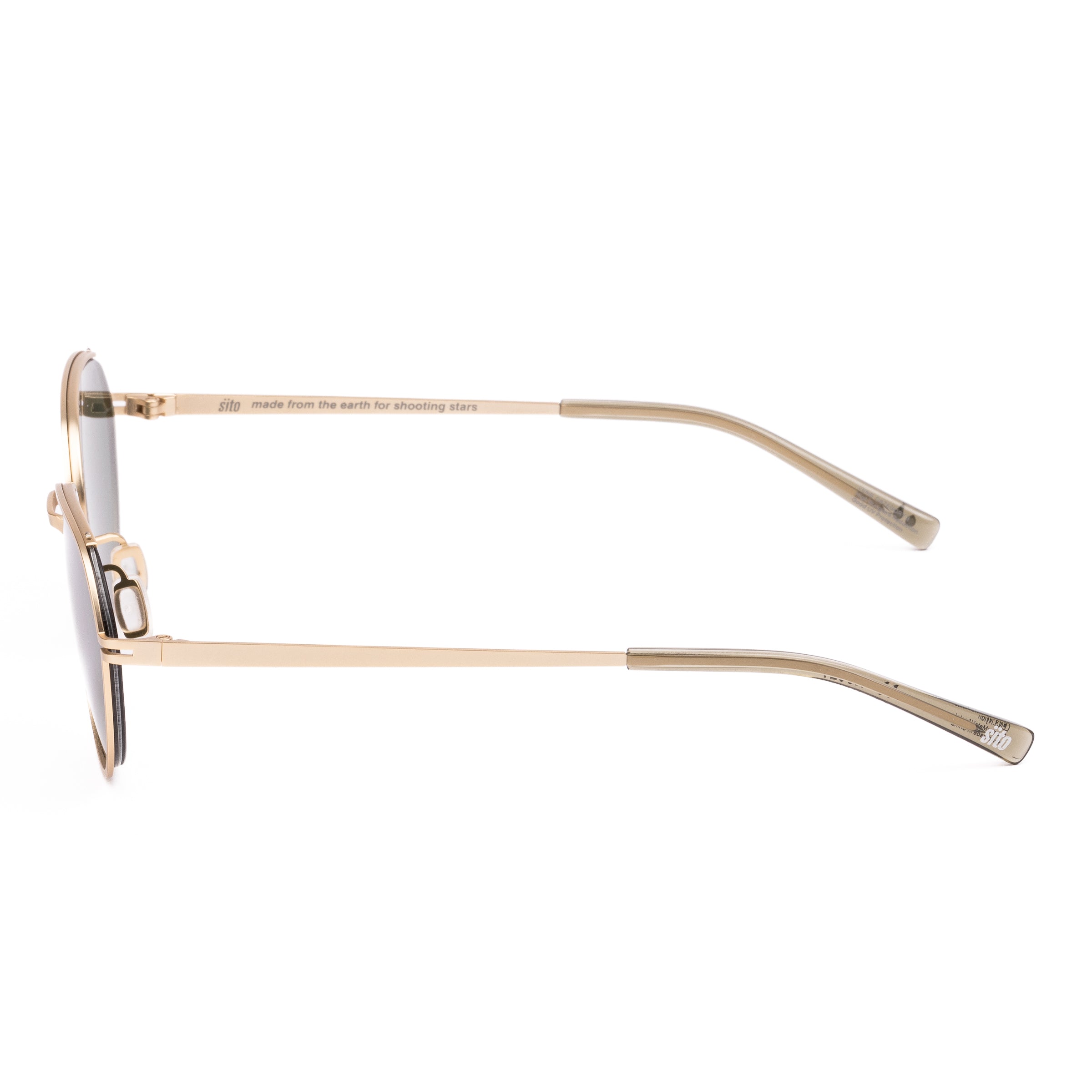 Gold-framed sunglasses with dark lenses on a white background