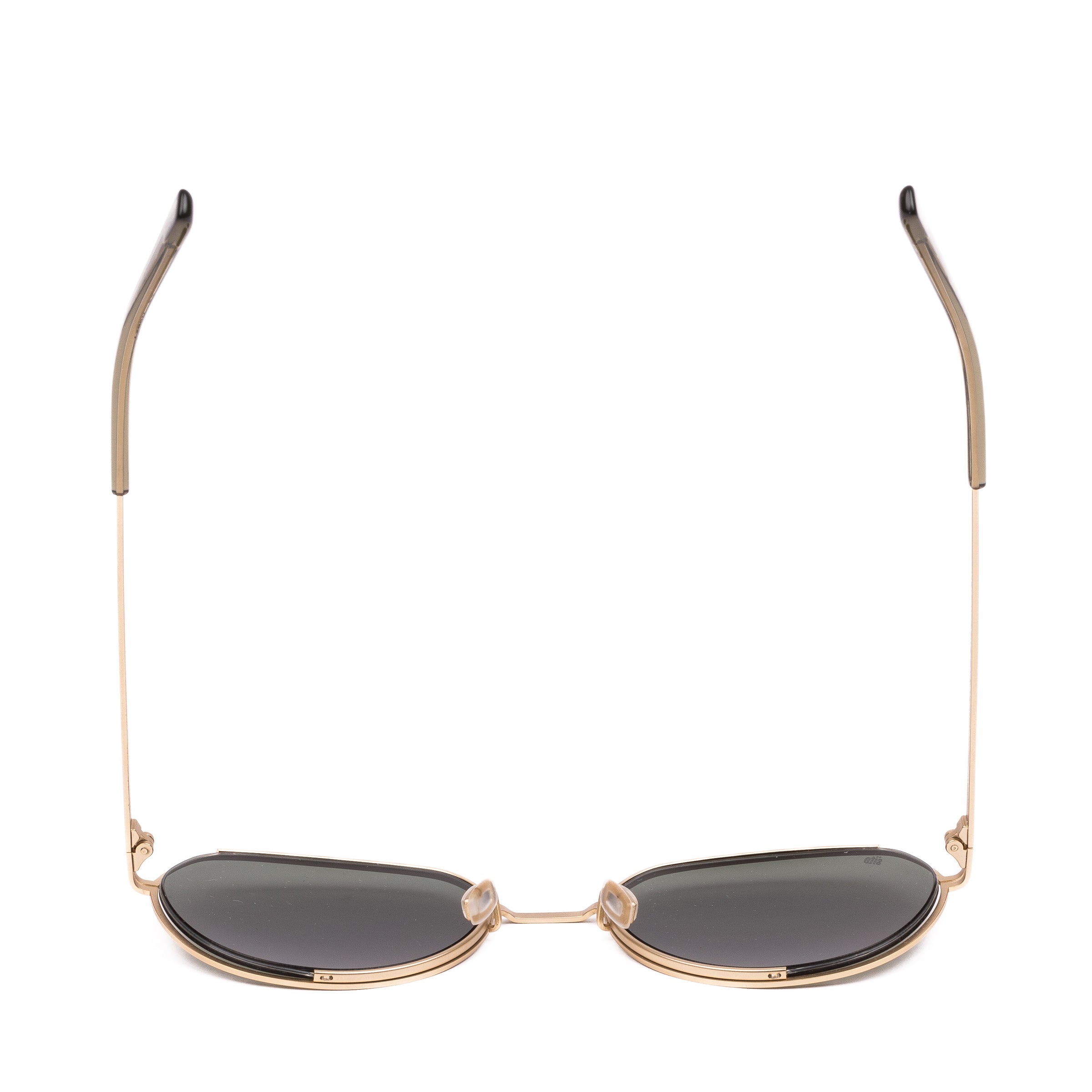 Gold-framed sunglasses with dark lenses on a white background