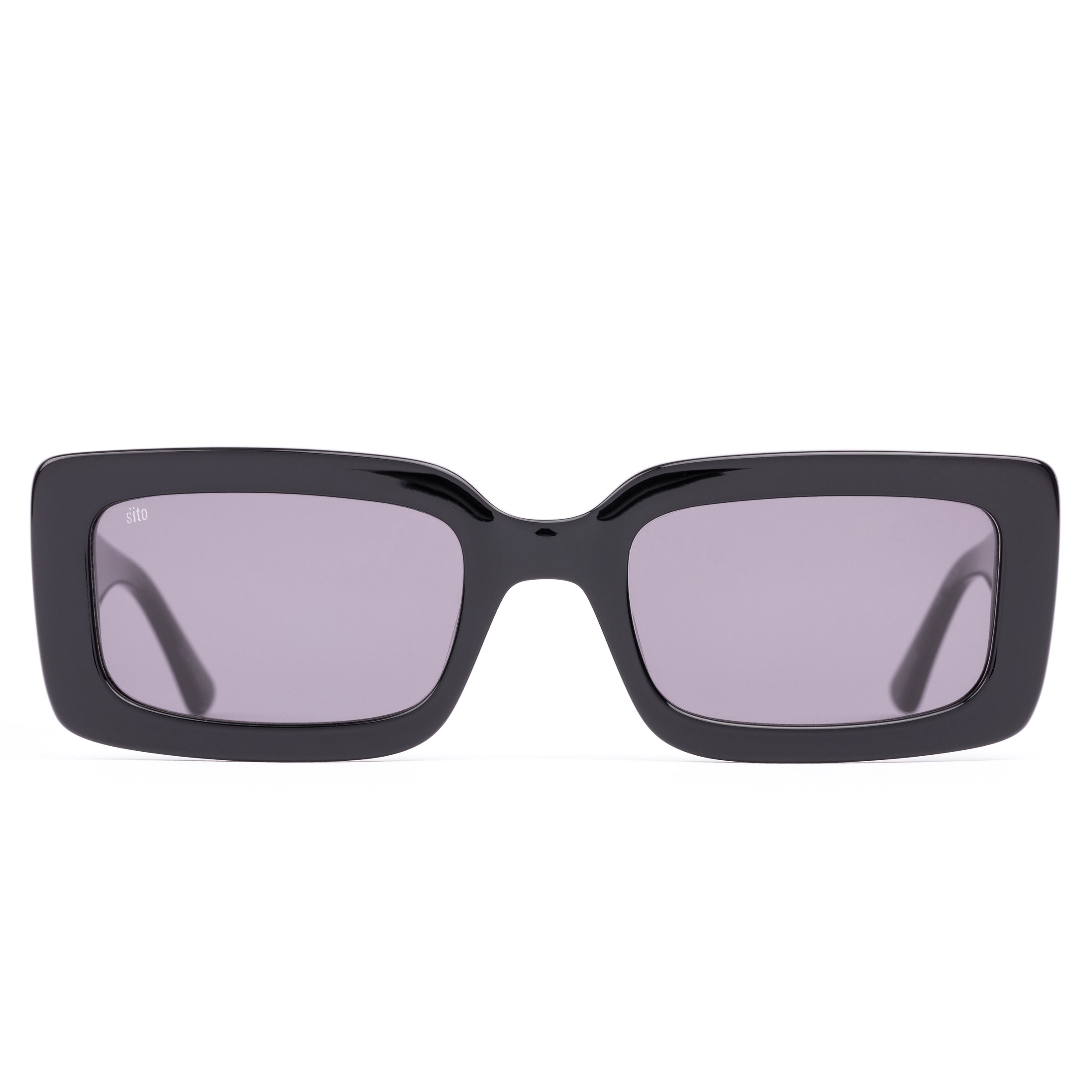 Black sunglasses with gray lenses on a white background