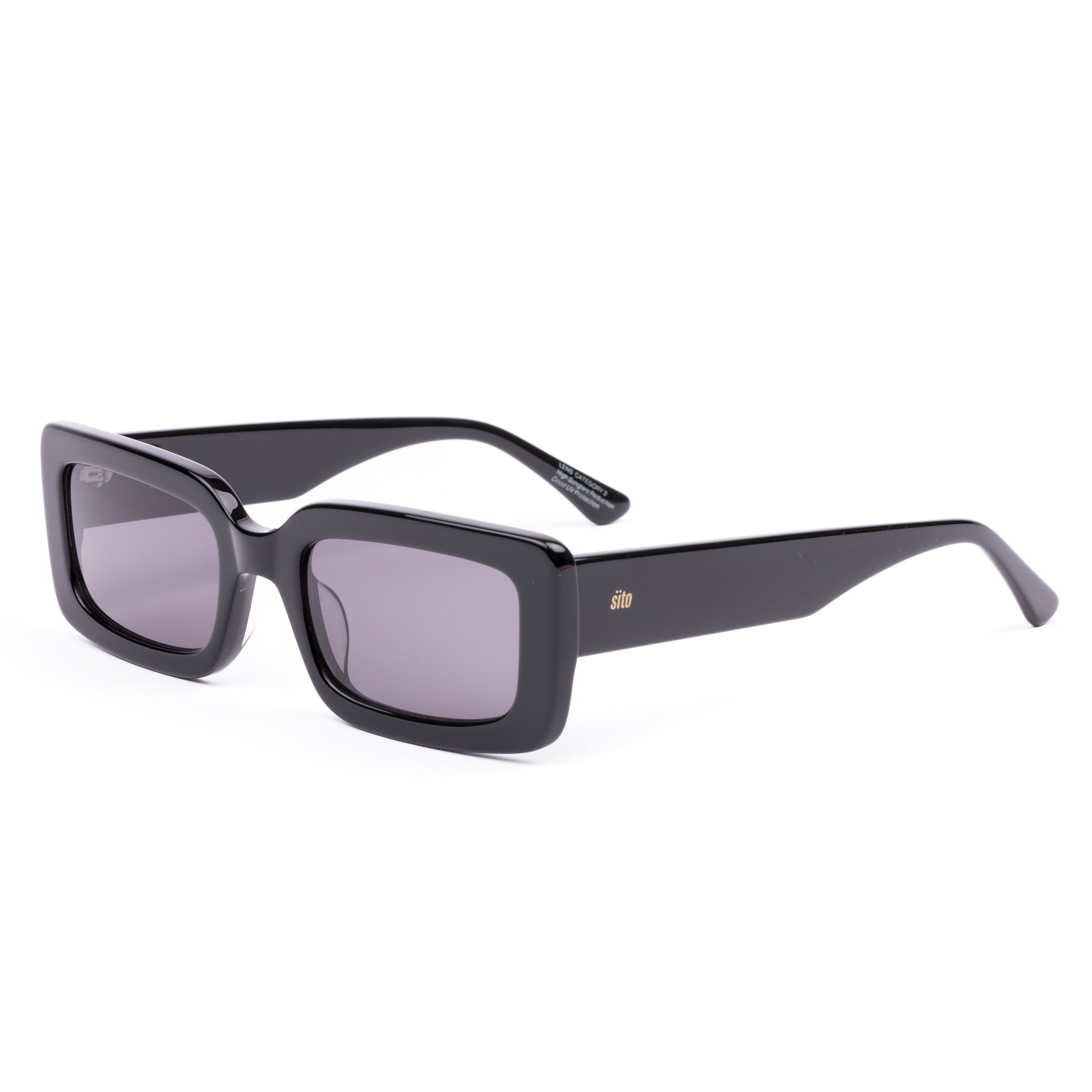 Black sunglasses with gray lenses on a white background